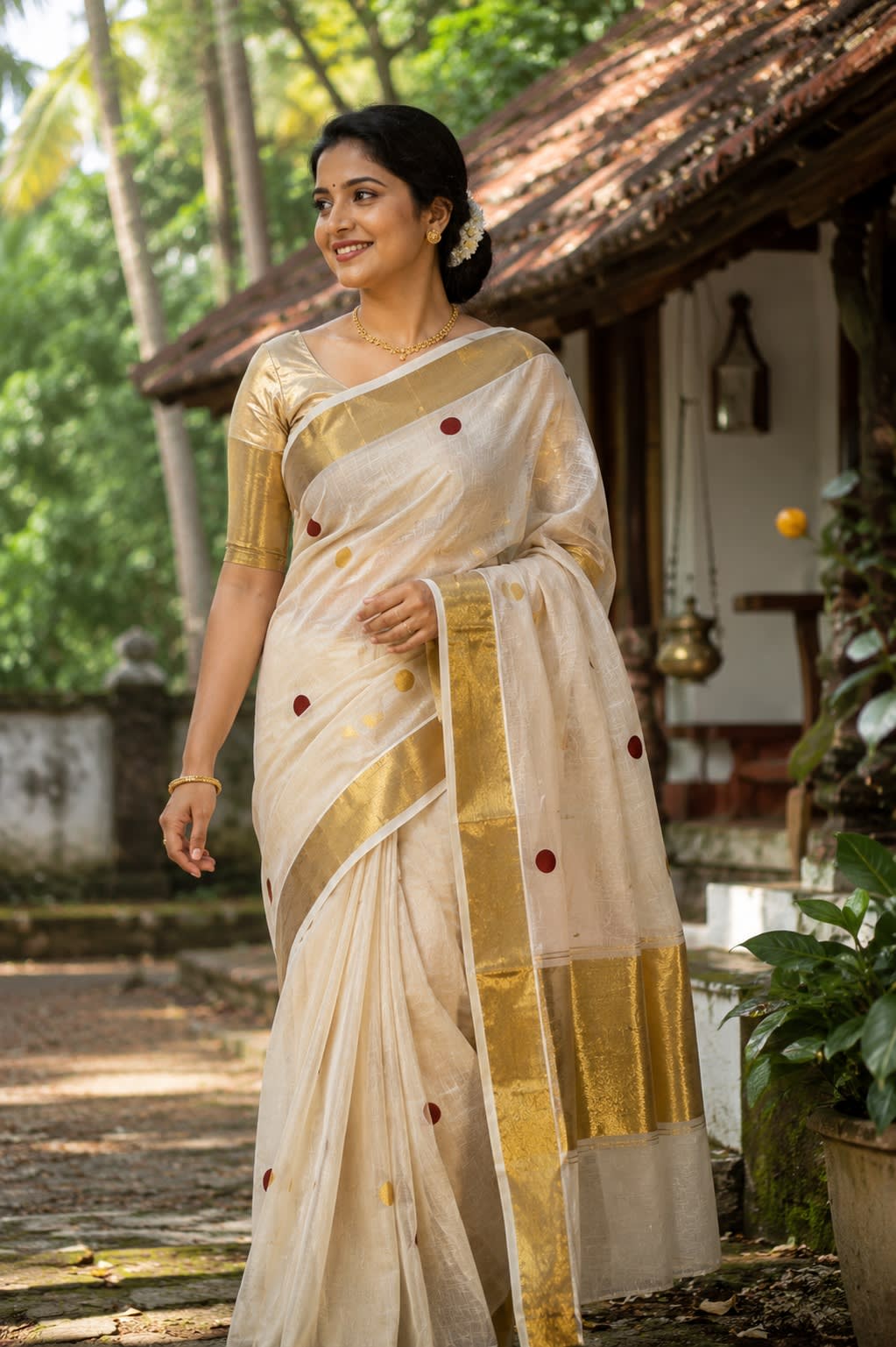 Tissue Set Saree – Elegant Gold Polka Kasavu(RDS-114)