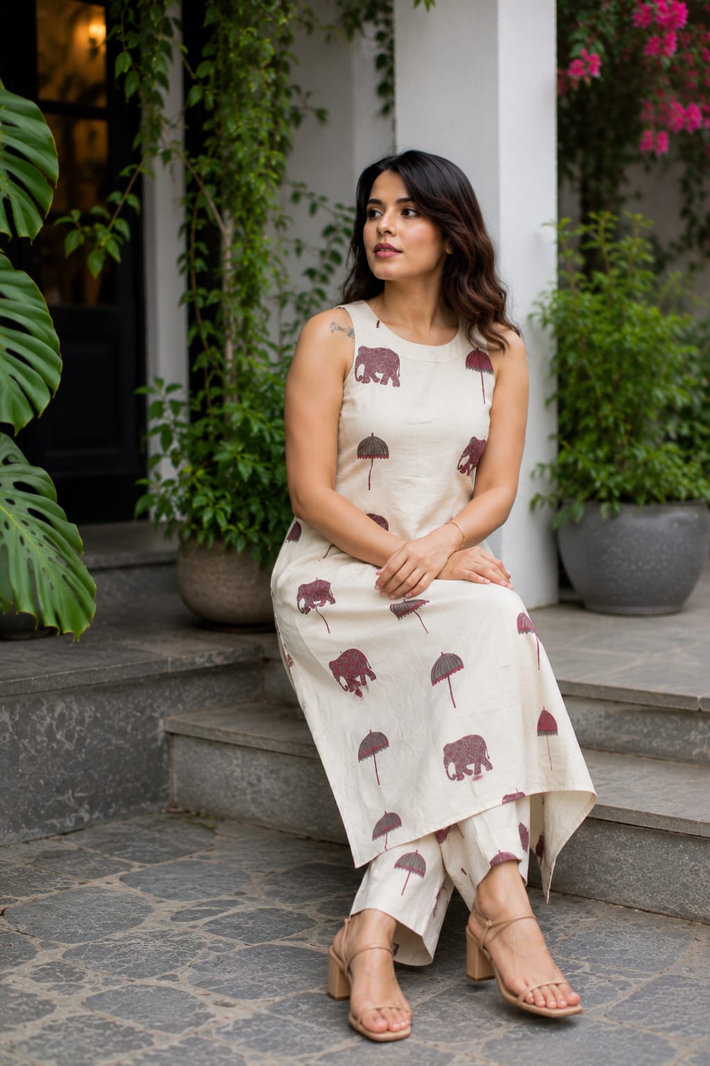 Ivory Elephant & Umbrella Printed Cotton Kurta Set