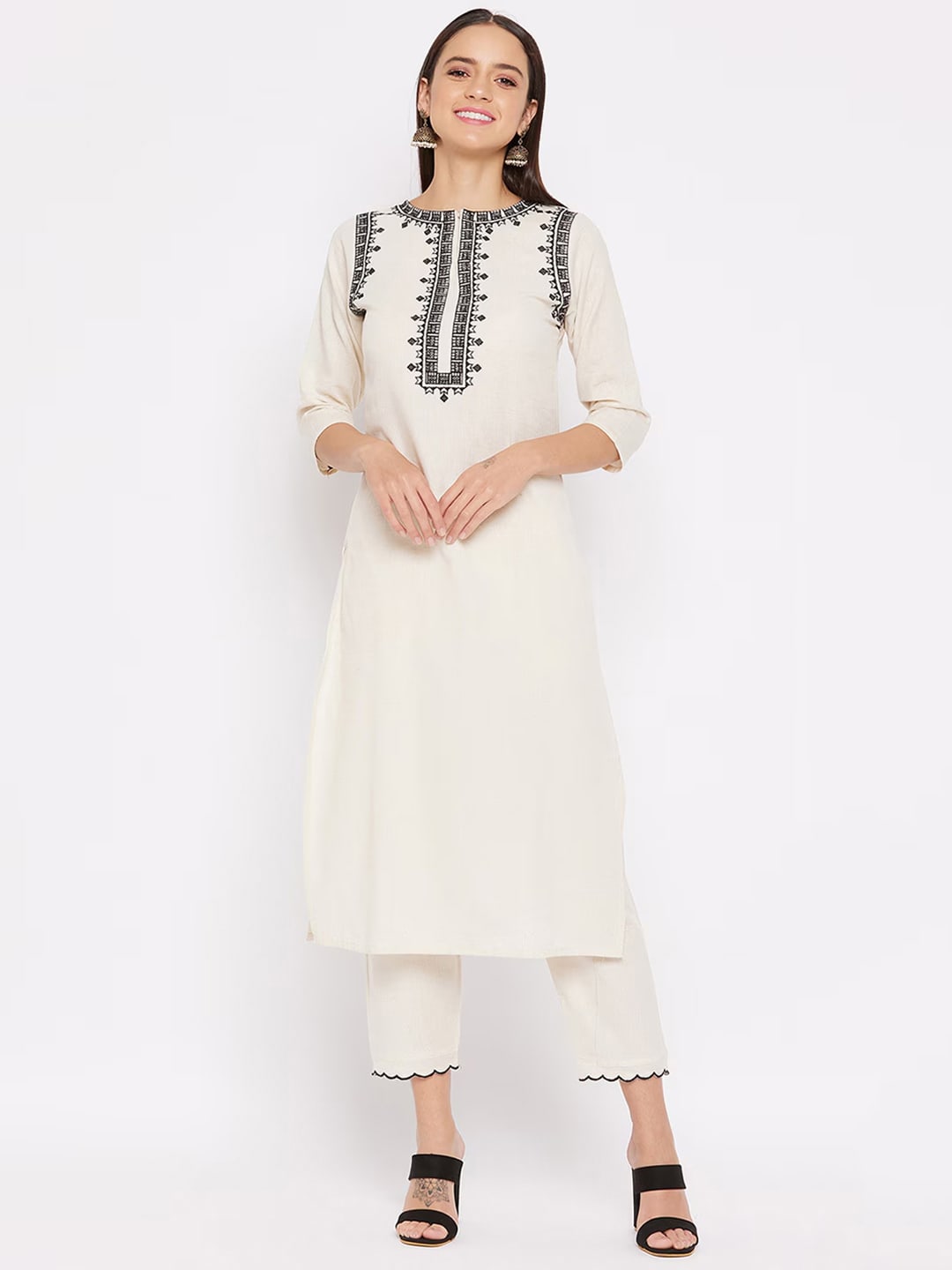 Ivory & Black Embroidered Cotton Kurta Set(RDCF-008)
