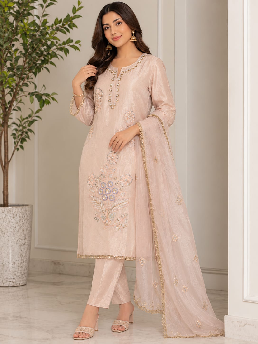 Peach Embroidered NV Stretch Salwar Set