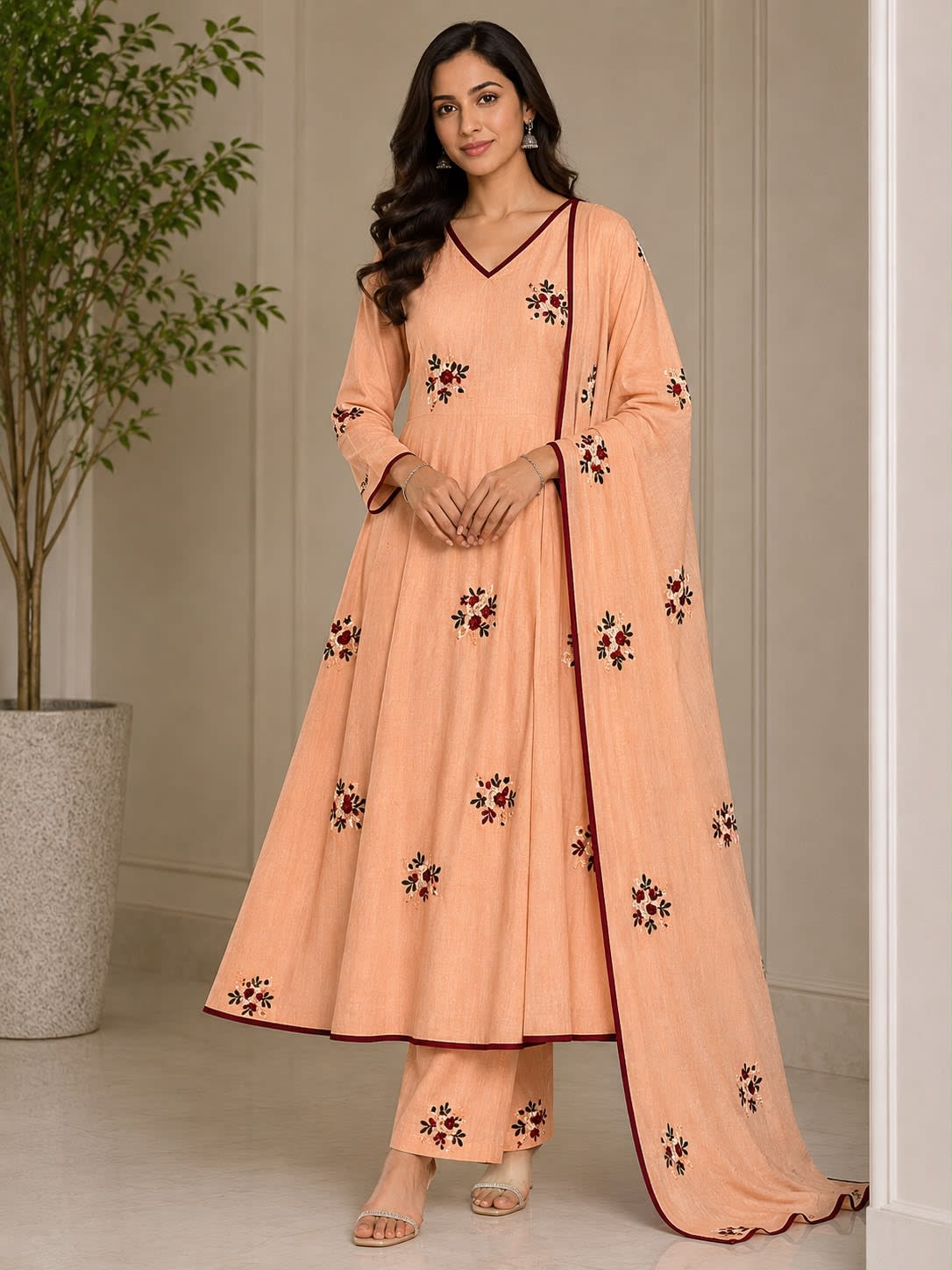 Peach Floral Embroidered Anarkali Salwar Set