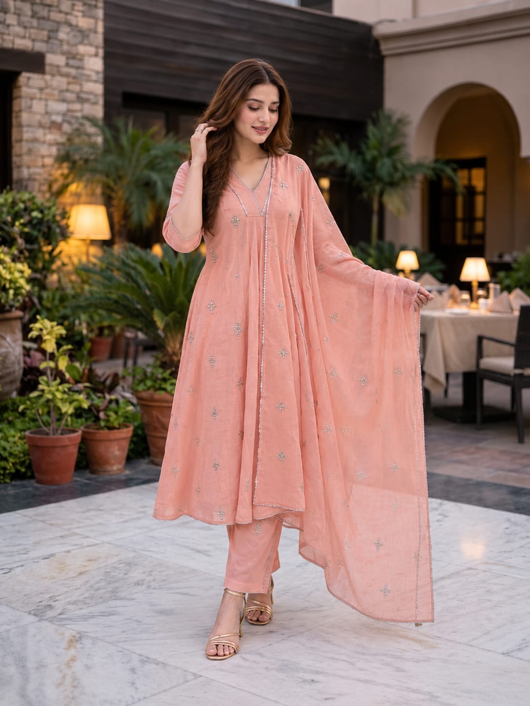 Peach Embroidered Kurta Set with Dupatta