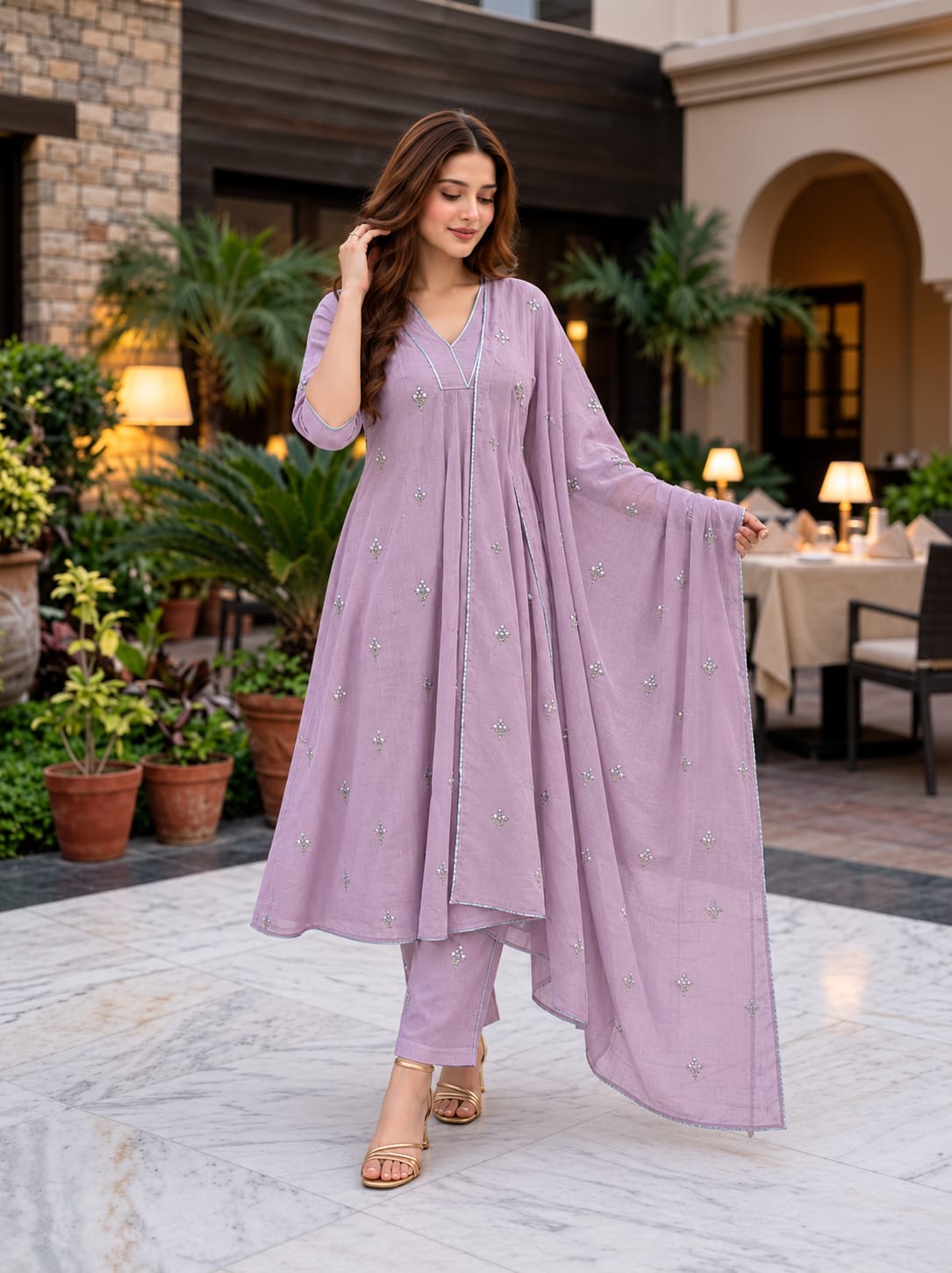 Lavender Embroidered Kurta Set with Dupatta