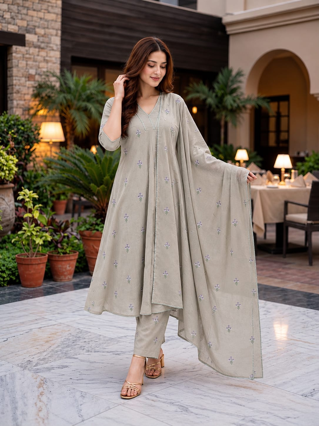 Sage Grey Floral Embroidered Anarkali Set