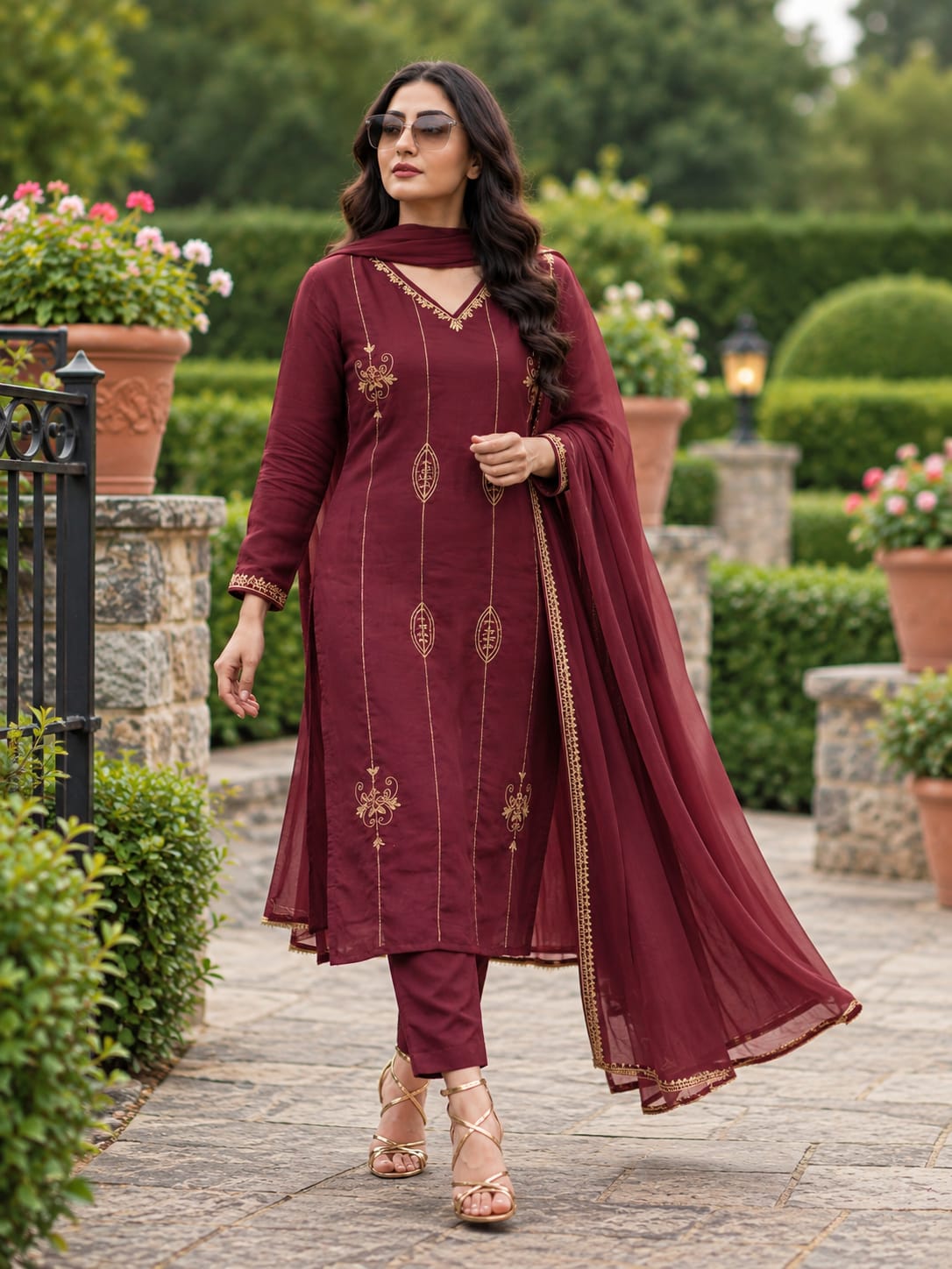 Maroon Embroidered Straight Kurta Set with Dupatta