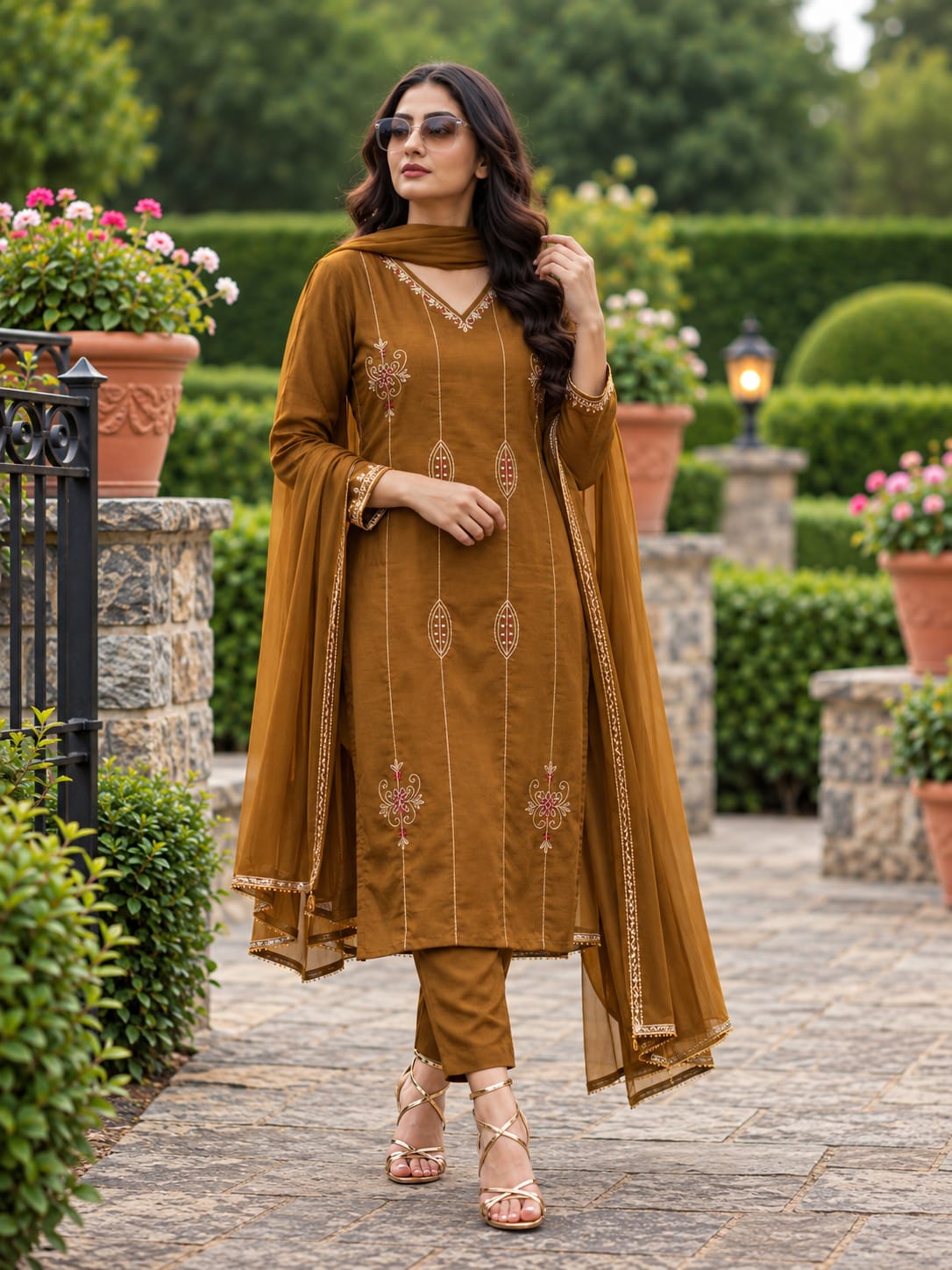 Mustard Brown Embroidered Mul Chanderi Salwar Set