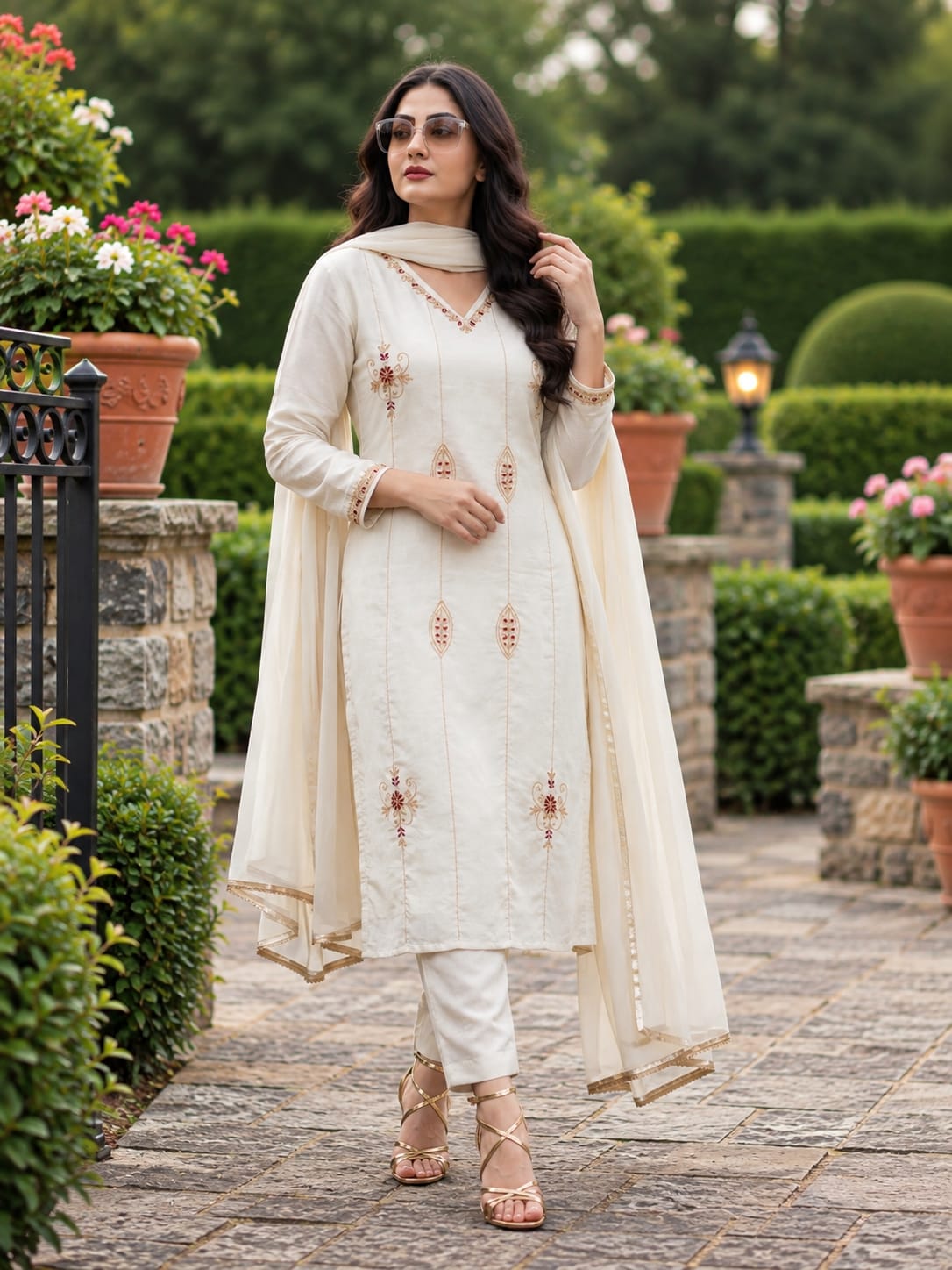 Ivory Embroidered Mul Chanderi Salwar Set