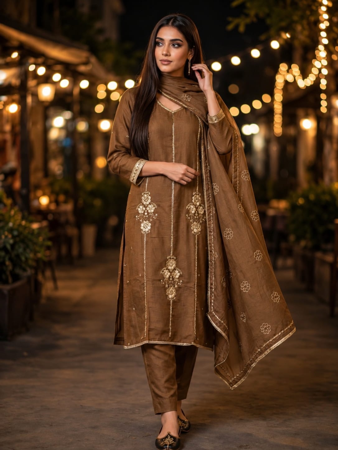 Chocolate Brown Embroidered Mul Chanderi Salwar Set