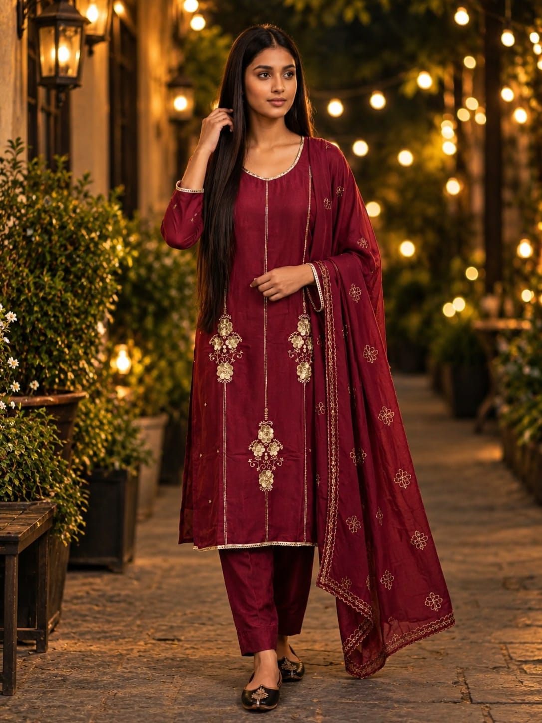 Wine Embroidered Mul Chanderi Salwar Set