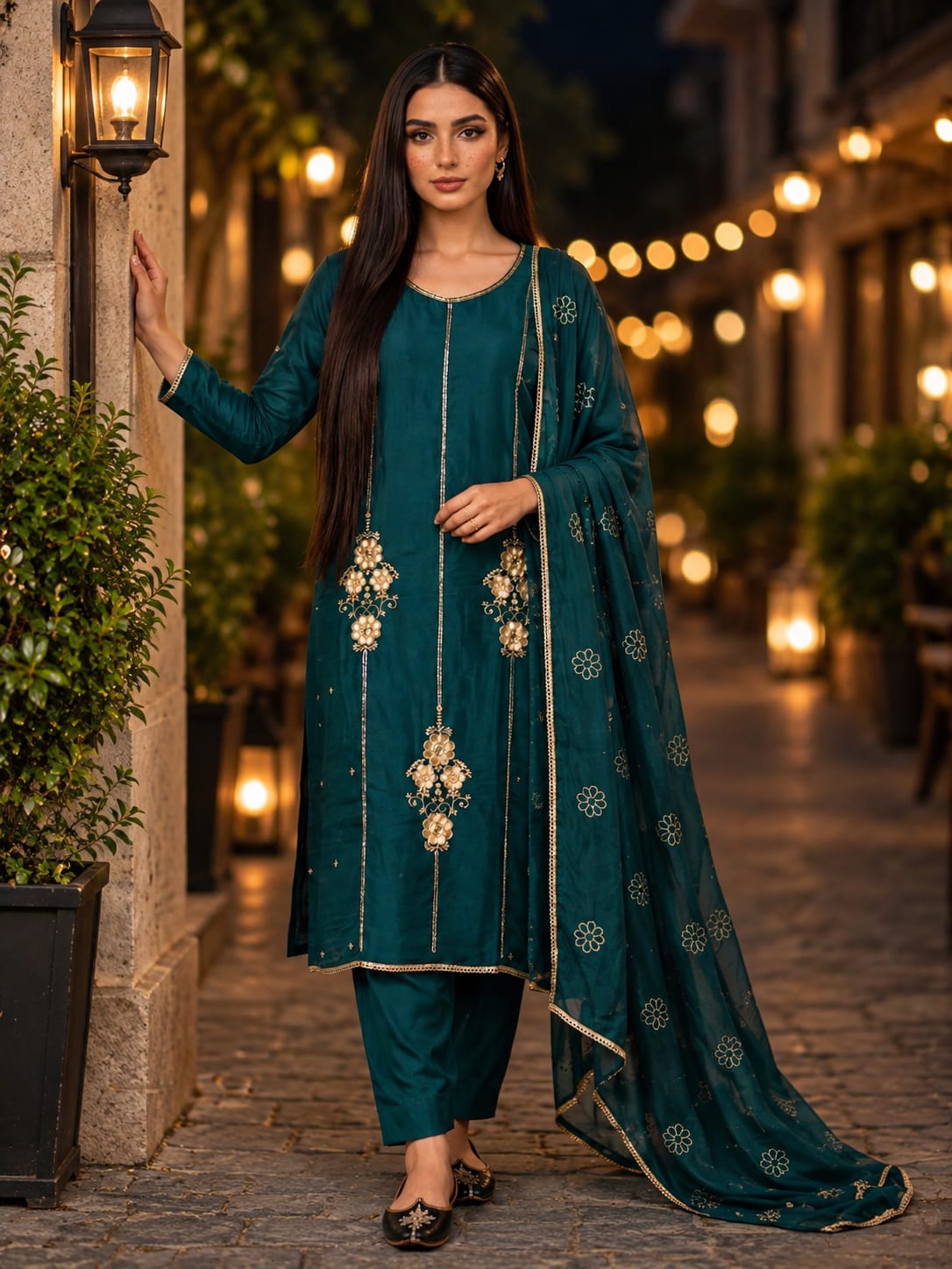 eal Blue Embroidered Mul Chanderi Salwar Set
