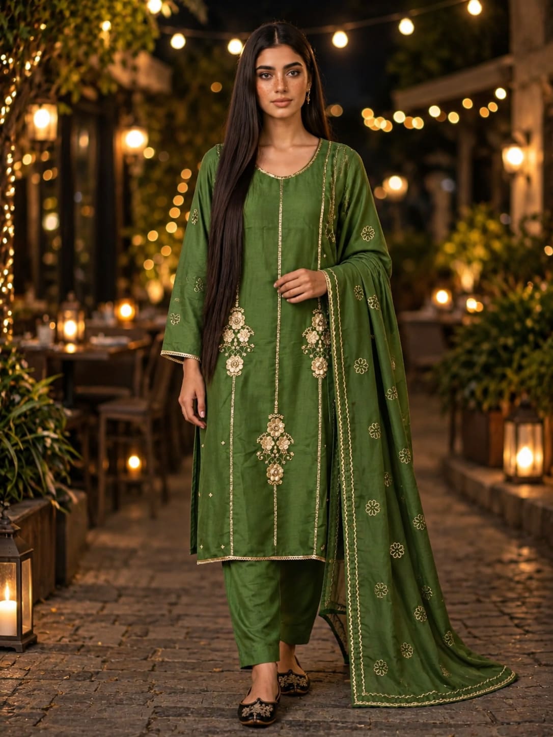 Olive Green Embroidered Mul Chanderi Salwar Set
