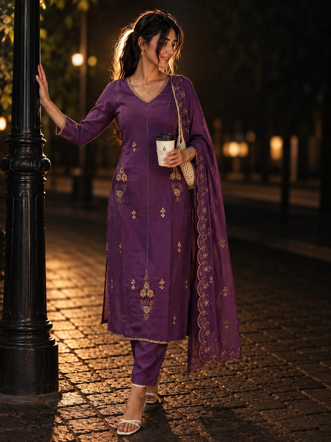 Royal Purple Embroidered Mul Chanderi Salwar Set