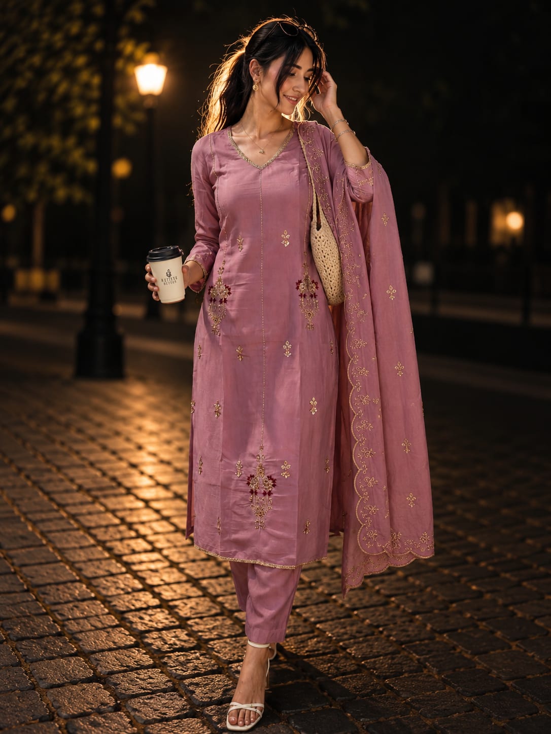 Dusty Rose Embroidered Mul Chanderi Salwar Set