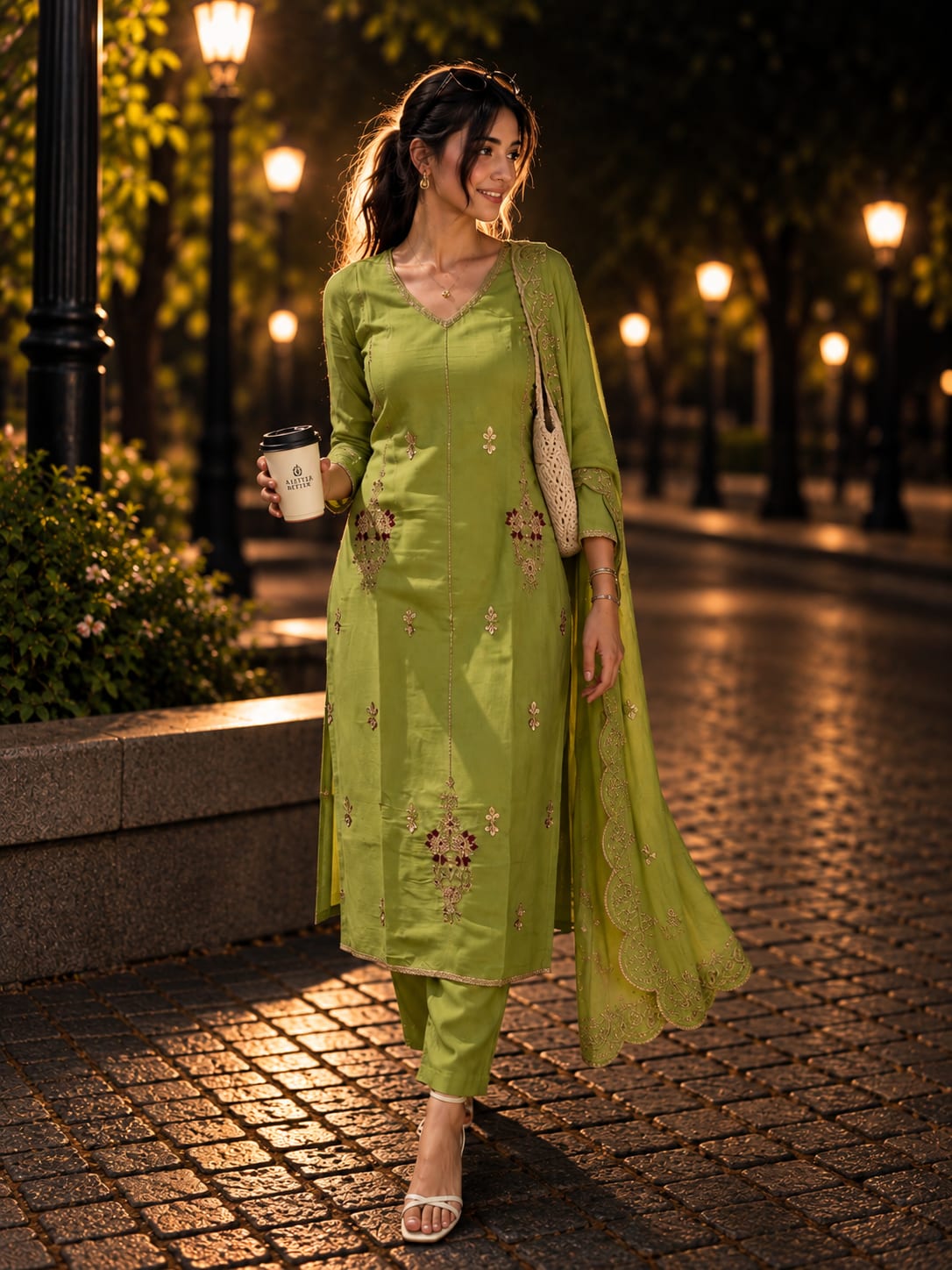 Olive Green Embroidered Mul Chanderi Salwar Set