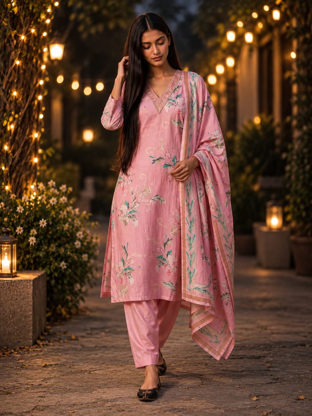 Blush Pink Floral Printed Mul Chanderi Salwar Set