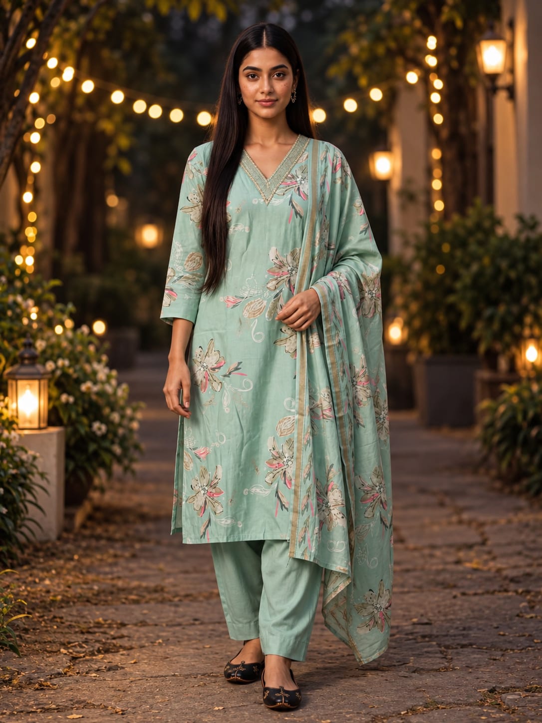 Mint Green Floral Printed Mul Chanderi Salwar Set