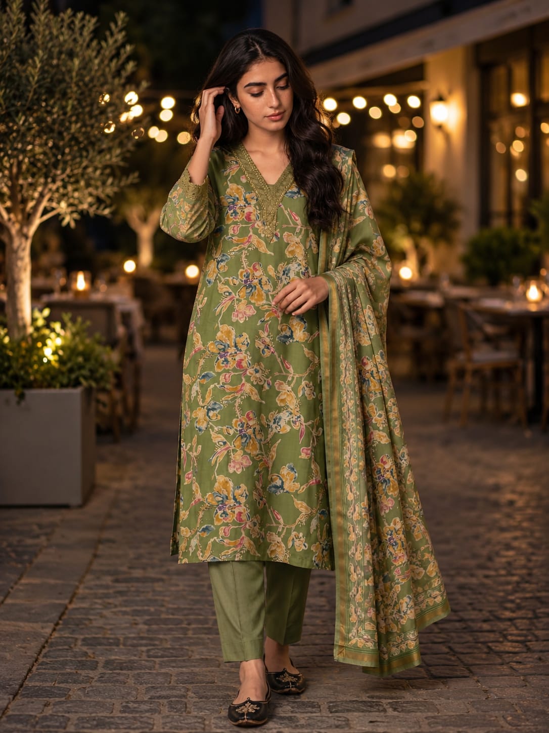 Olive Green Floral Printed Mul Chanderi Salwar Set