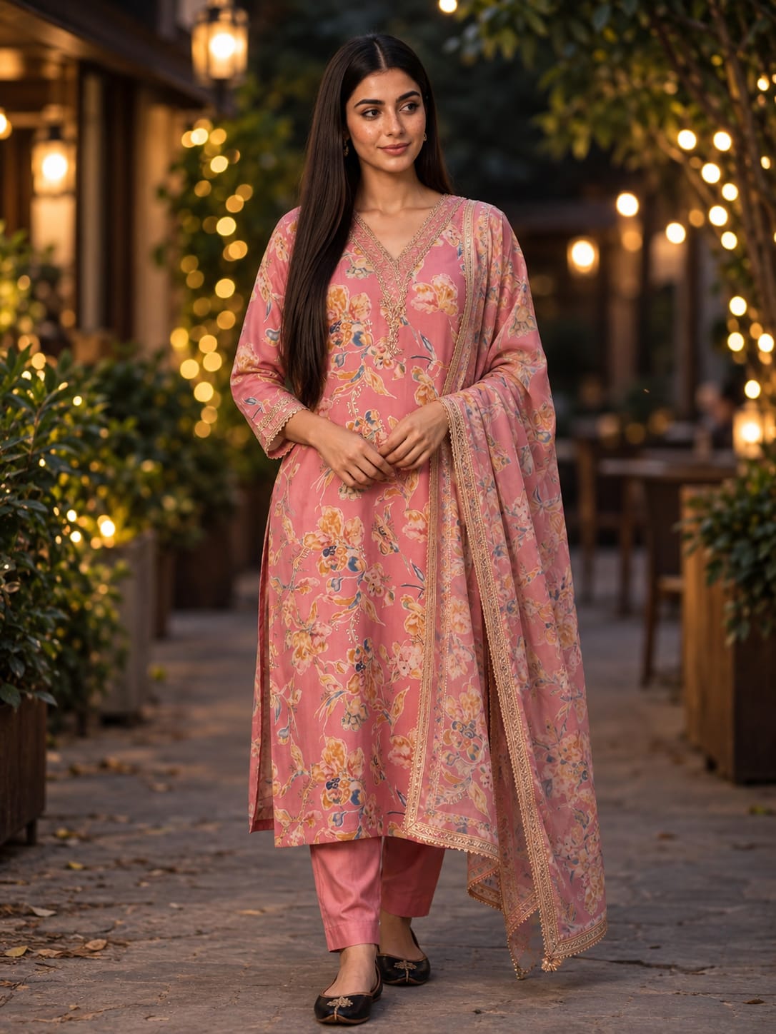 Rose Pink Floral Mul Chanderi Salwar Set