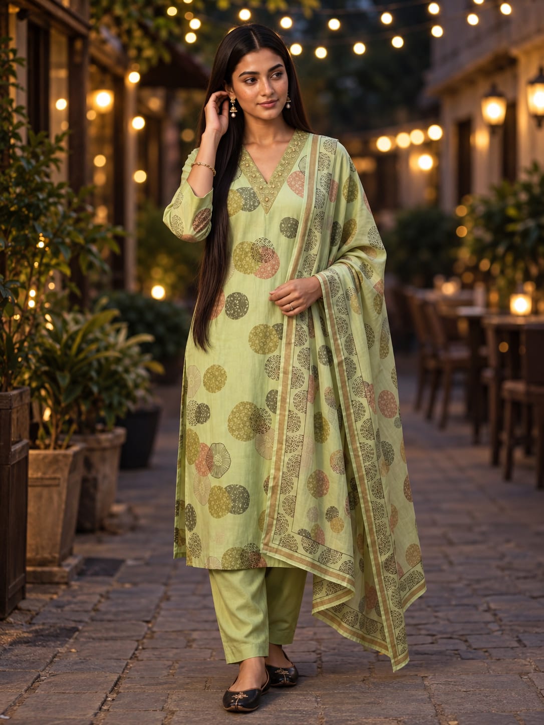 Sage Green Printed Mul Chanderi Salwar Set