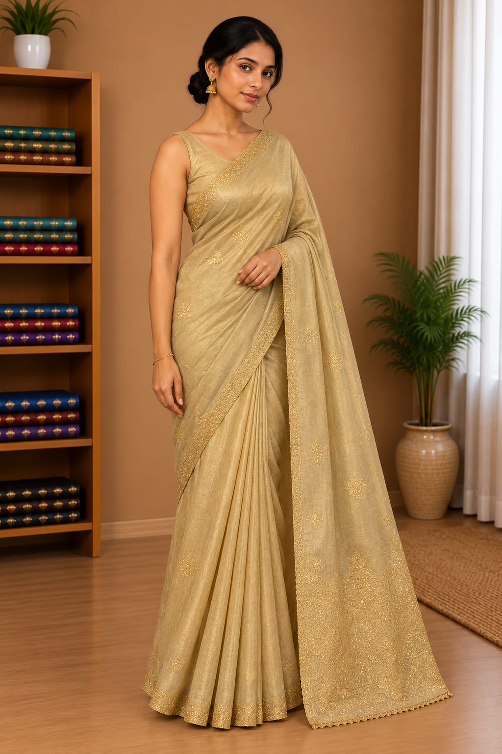 Elegant Champagne Gold Poha Saree with Delicate Embroidery