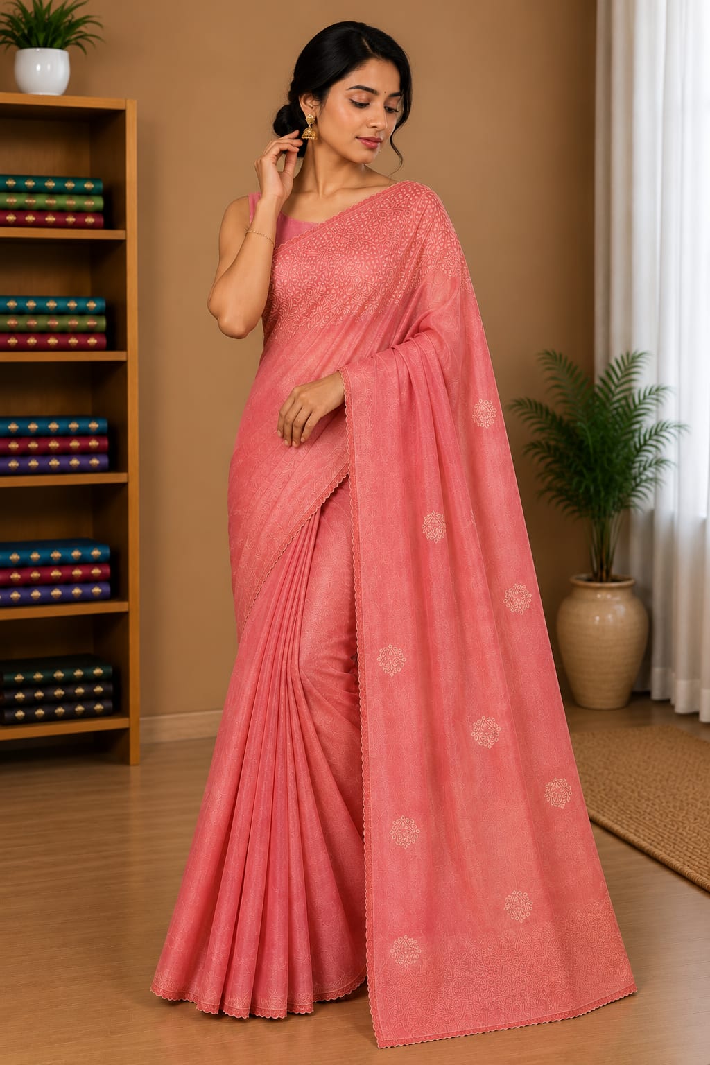 Coral Pink Poha Saree with Elegant Embroidered Details