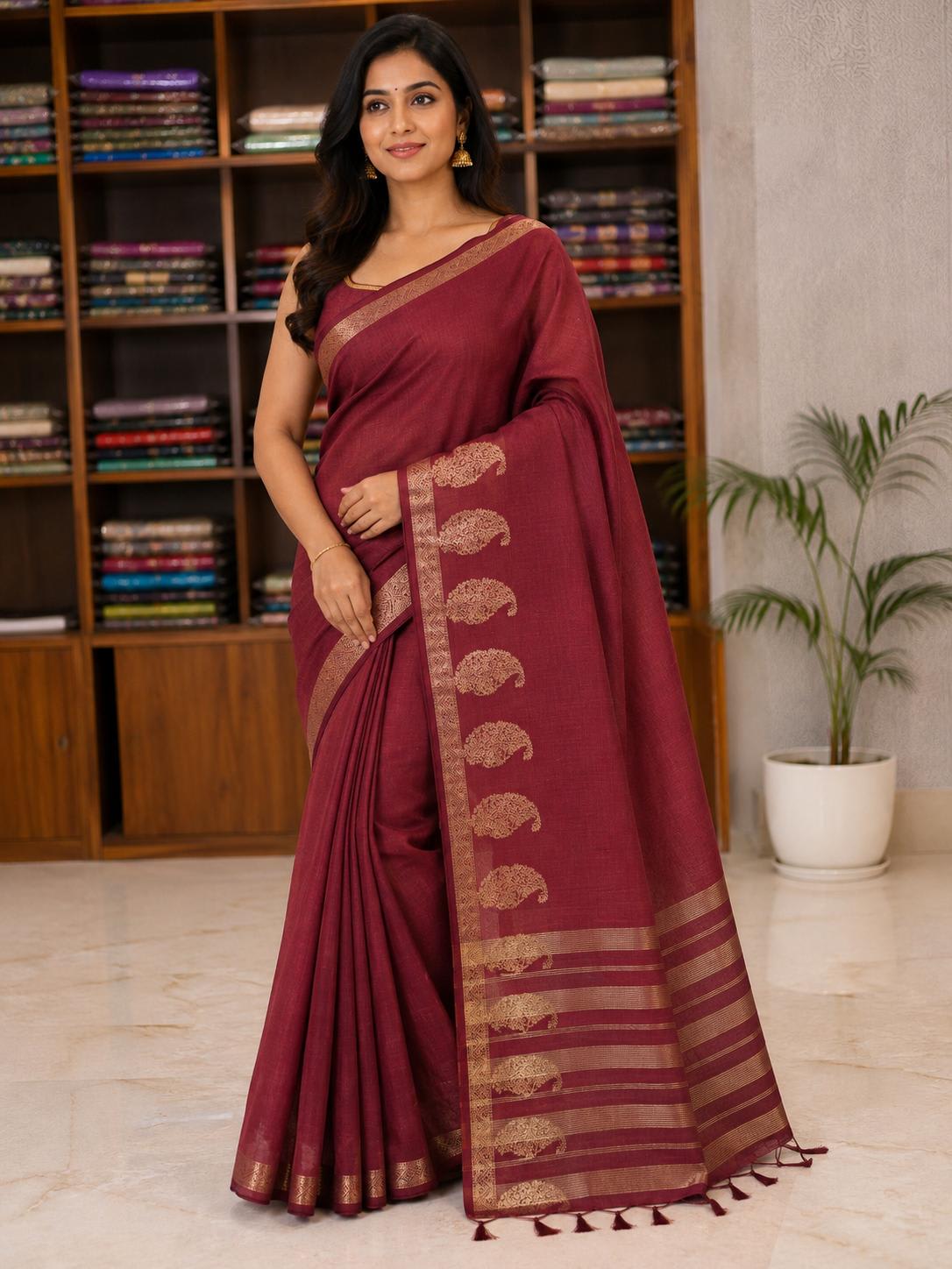 Maroon Semi-Tussar Silk Saree with Antique Gold Border