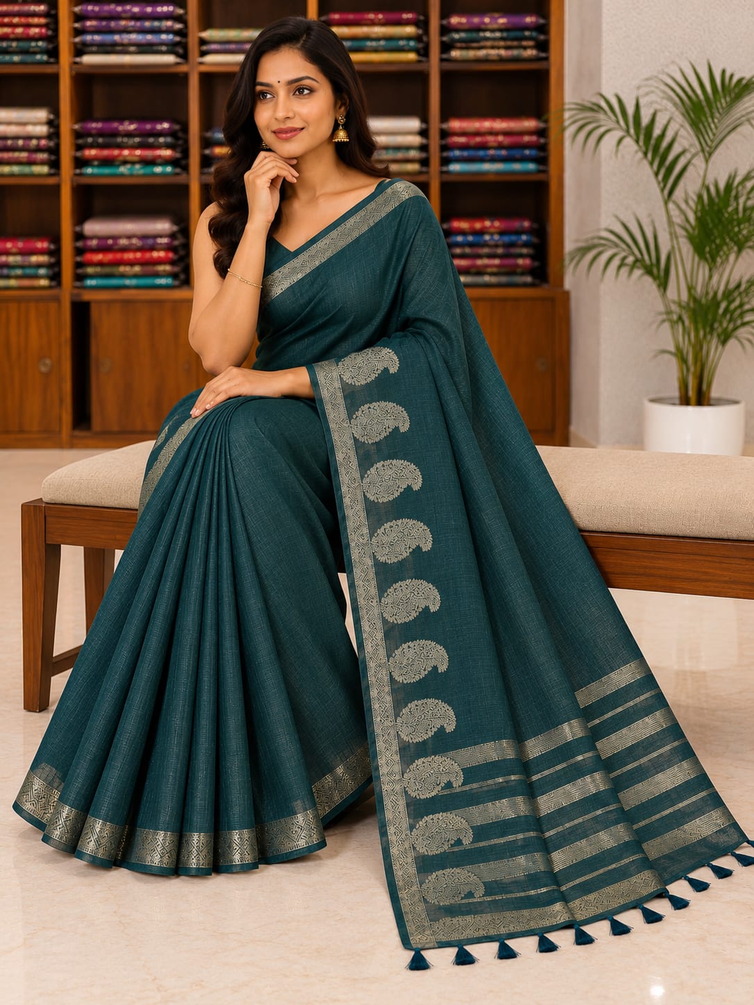 Deep Teal Semi-Tussar Silk Saree with Antique Gold Paisley Border