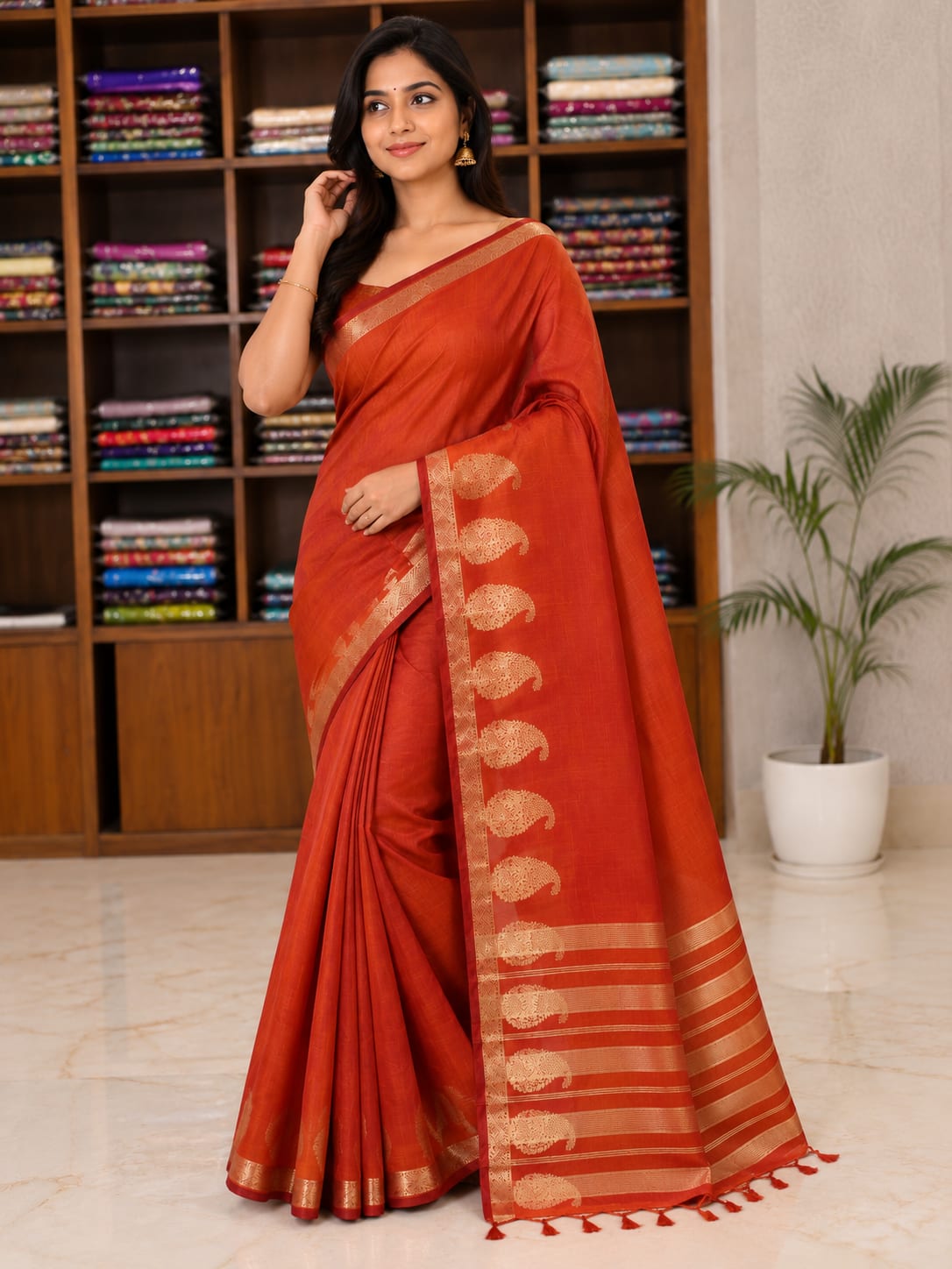 Rust Orange Semi-Tussar Silk Saree with Antique Gold Paisley Border