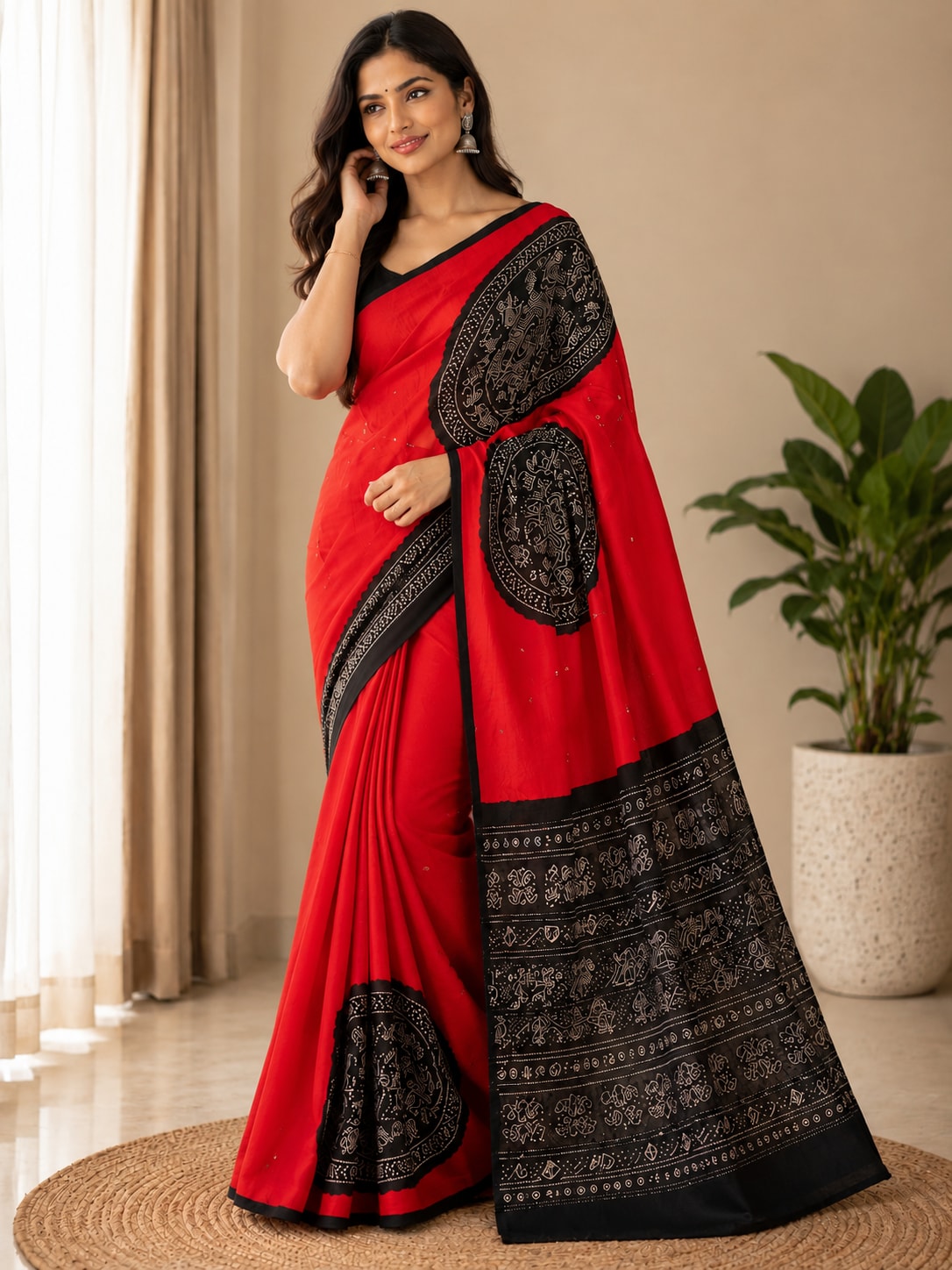 Red Semi-Modal Silk Saree with Intricate Black Printed Border