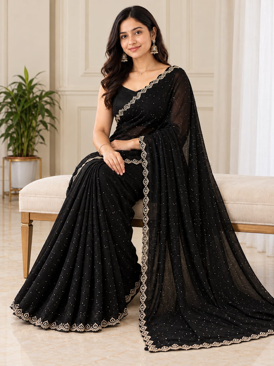 Black Ready-to-Wear Saree with Elegant Embellished Border