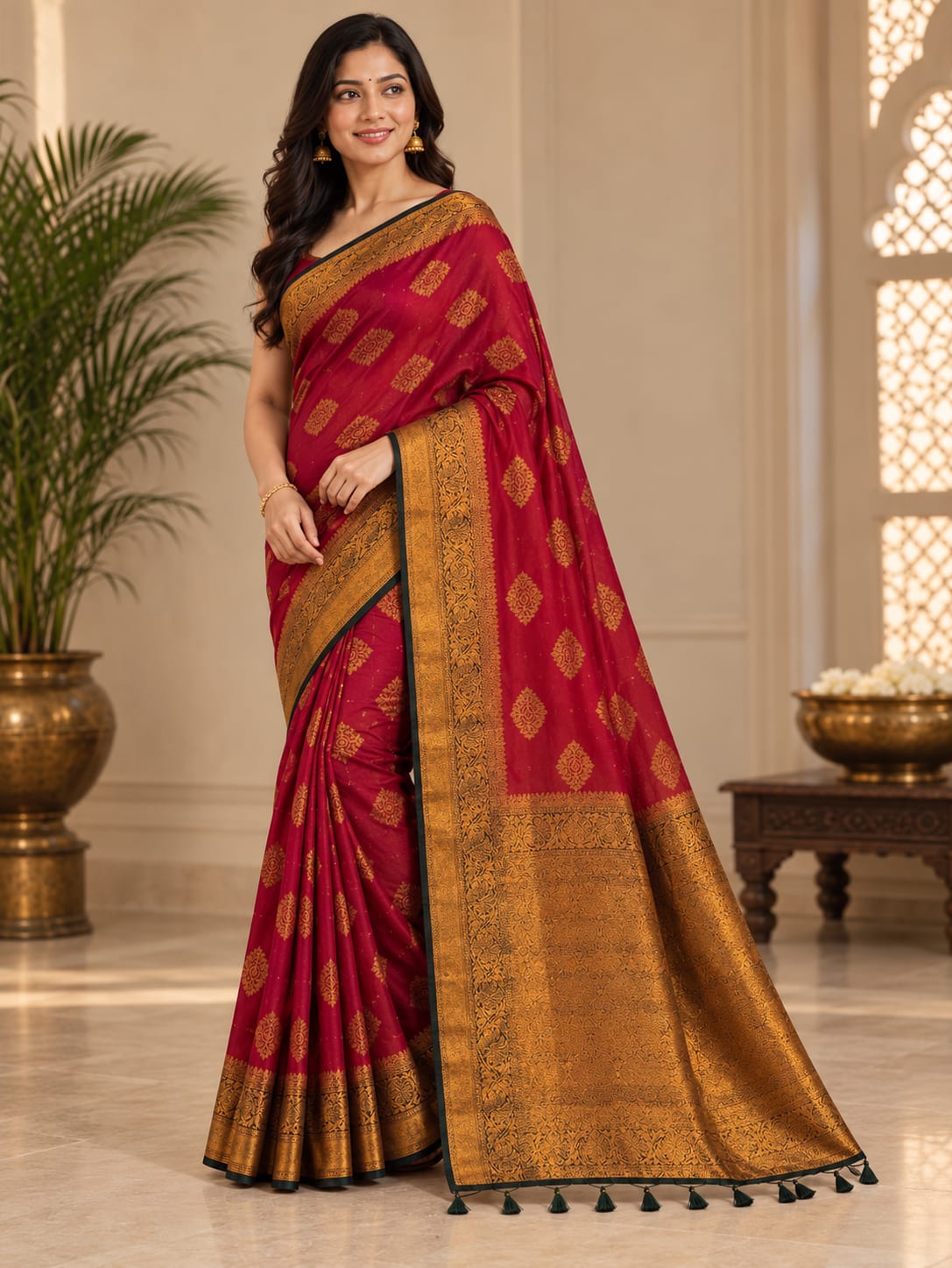 Maroon Butter Silk Saree with Rich Antique Gold Border