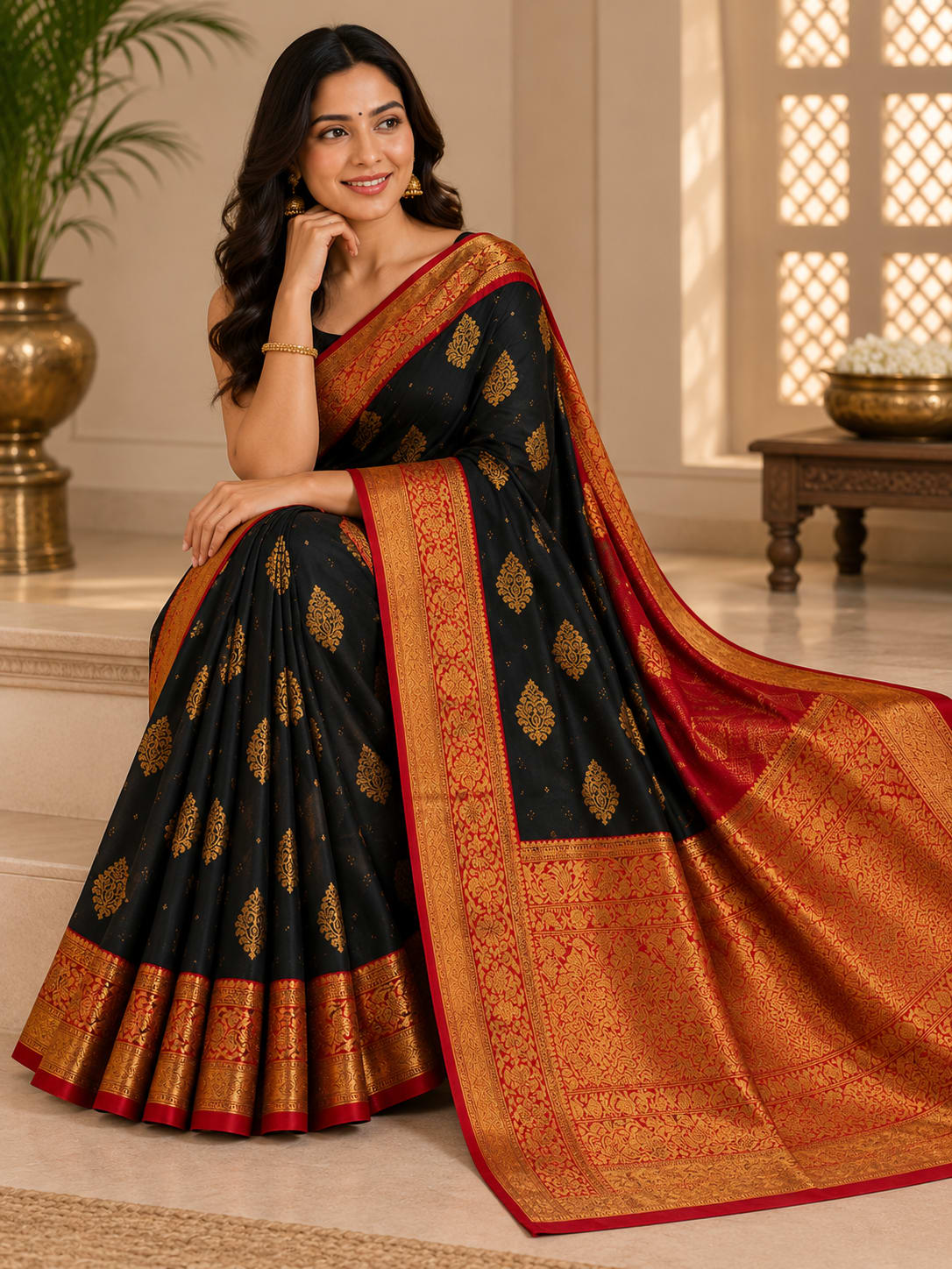 Black Butter Silk Saree with Rich Red & Gold Zari Border