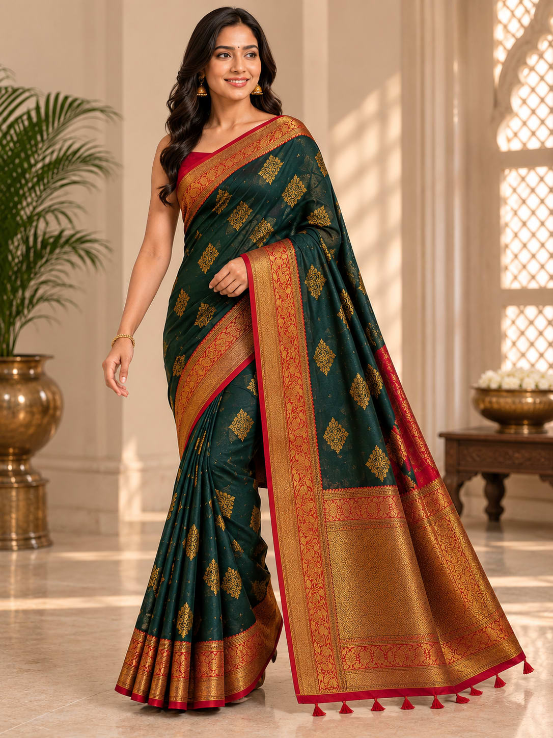 Peacock Green Butter Silk Saree with Red & Gold Zari Border