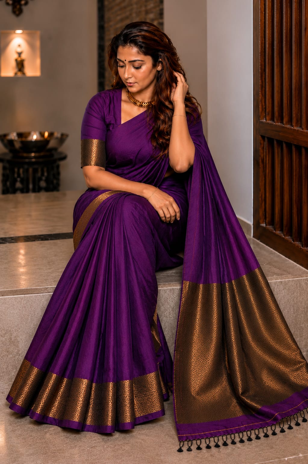 Nayanthara Style Purple Khadi Cotton Saree with Antique Gold Border