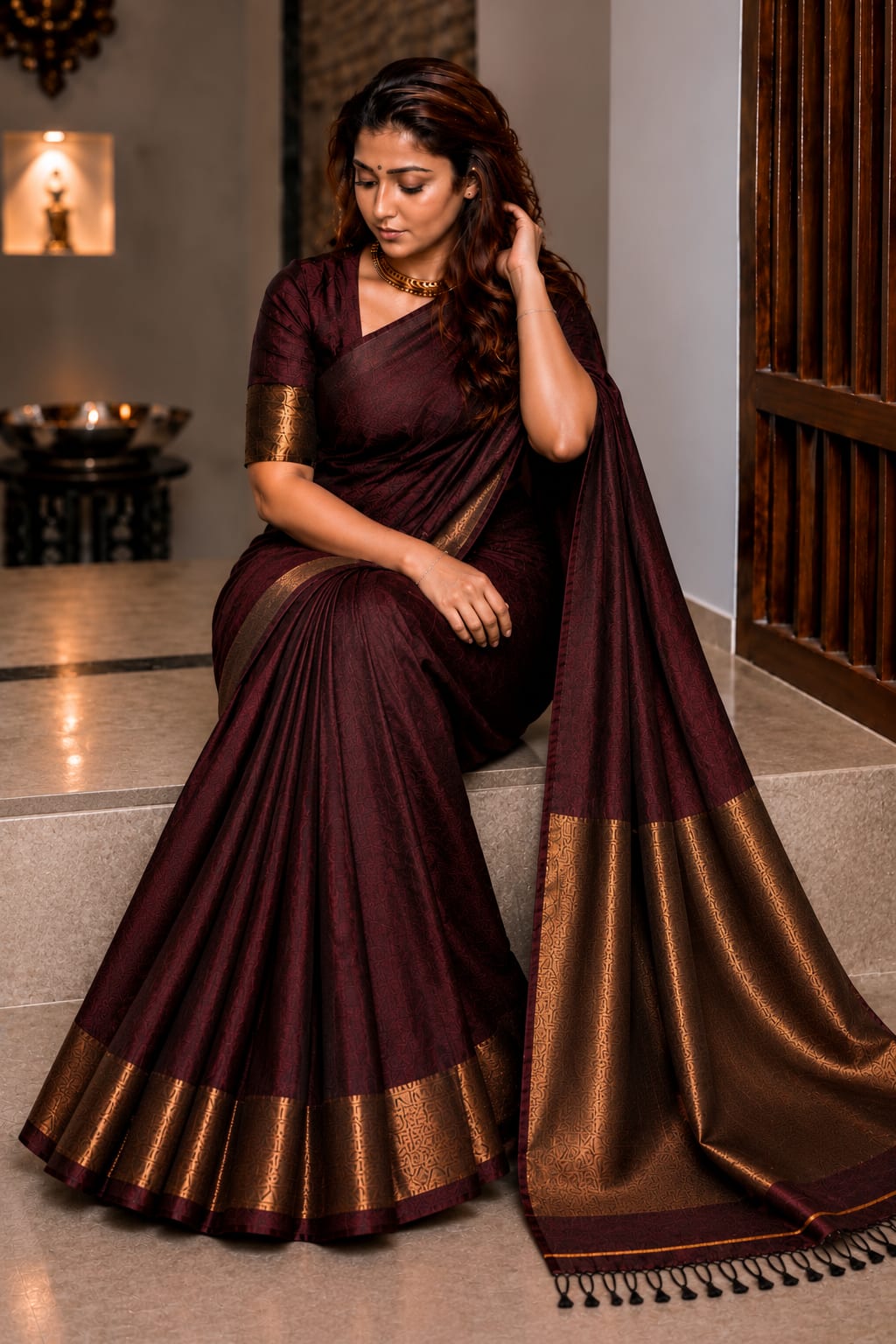 Nayanthara Style Maroon Khadi Cotton Saree with Antique Gold Border