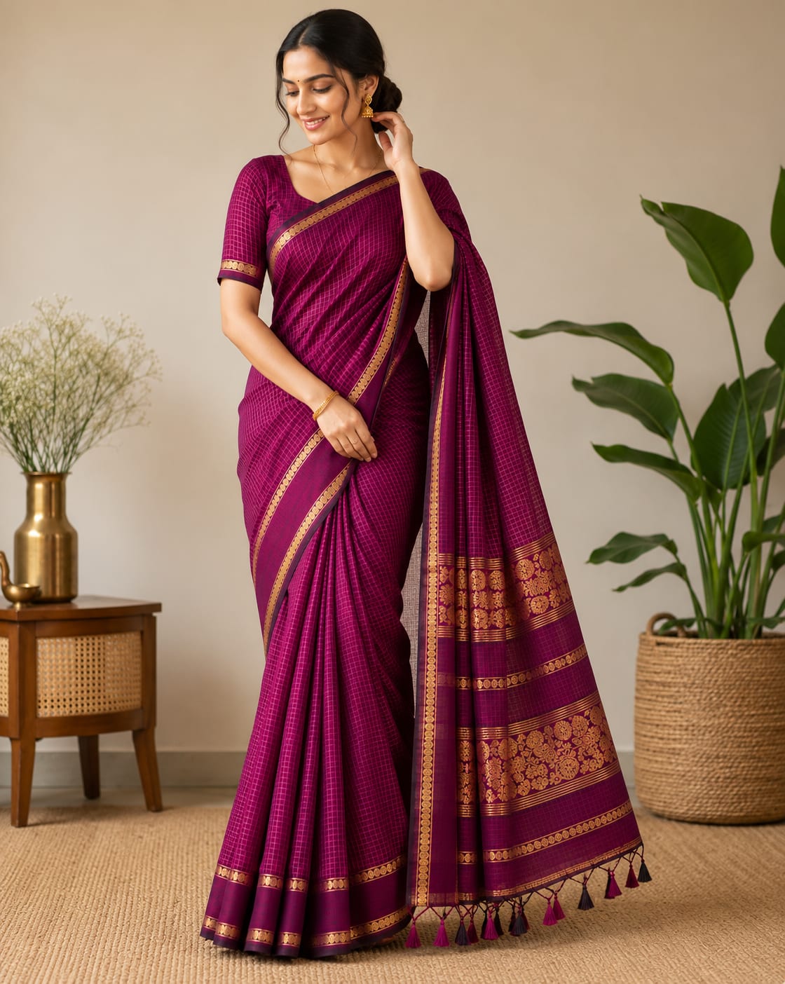 Magenta Pure Cotton Saree with Traditional Gold Border