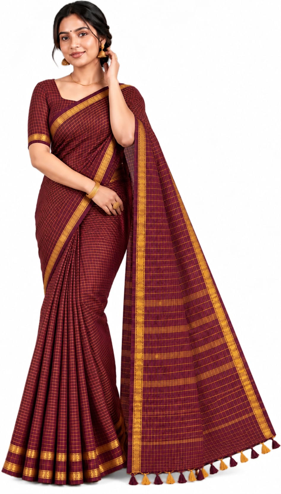 Maroon Checked Pure Cotton Saree with Golden Border