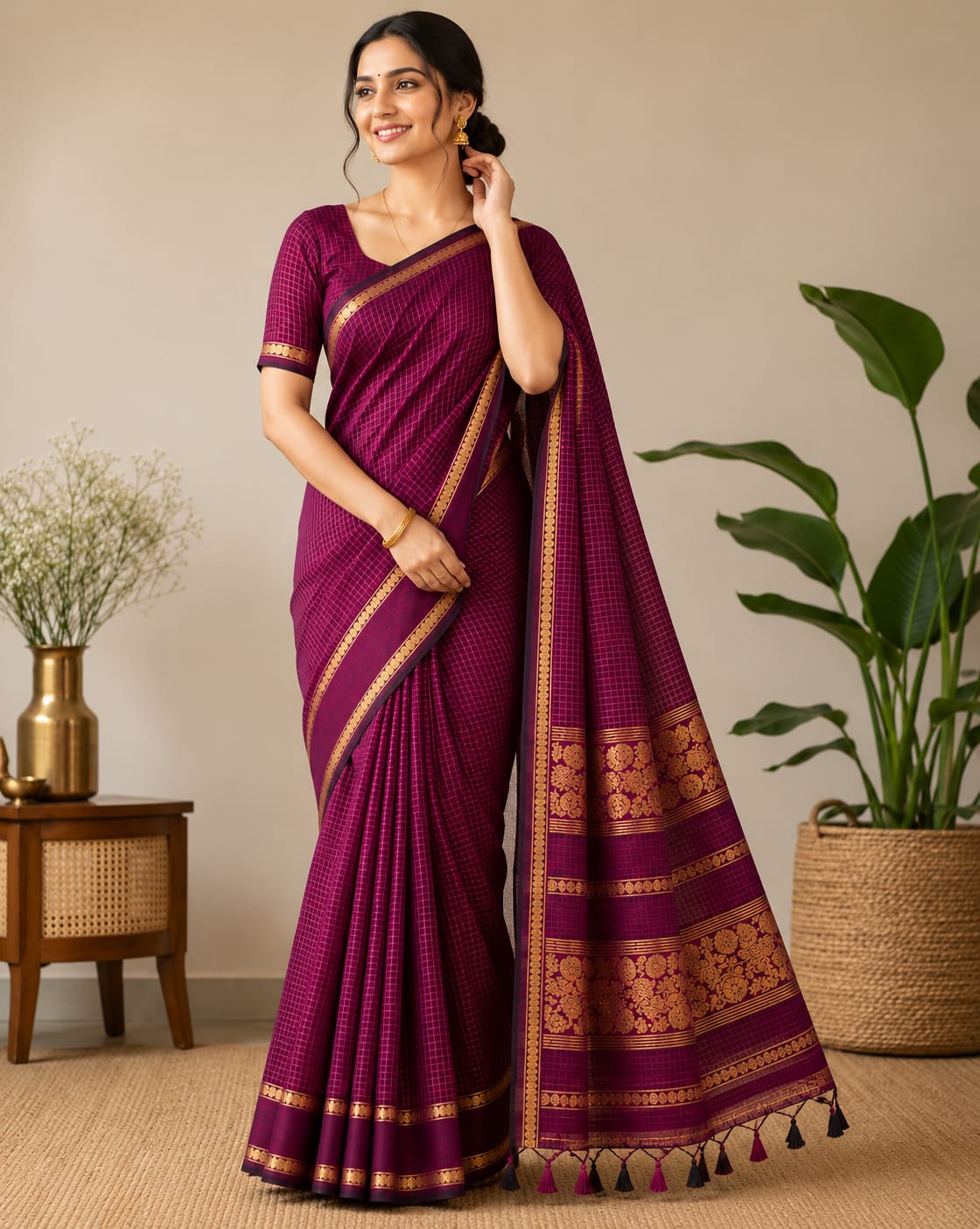 Magenta Pure Cotton Saree with Golden Checked Pattern