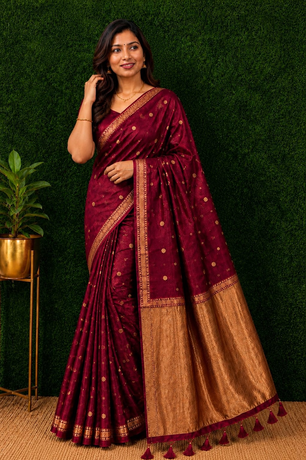 Elegant Wine Georgette Silk Saree with Antique Gold Pallu