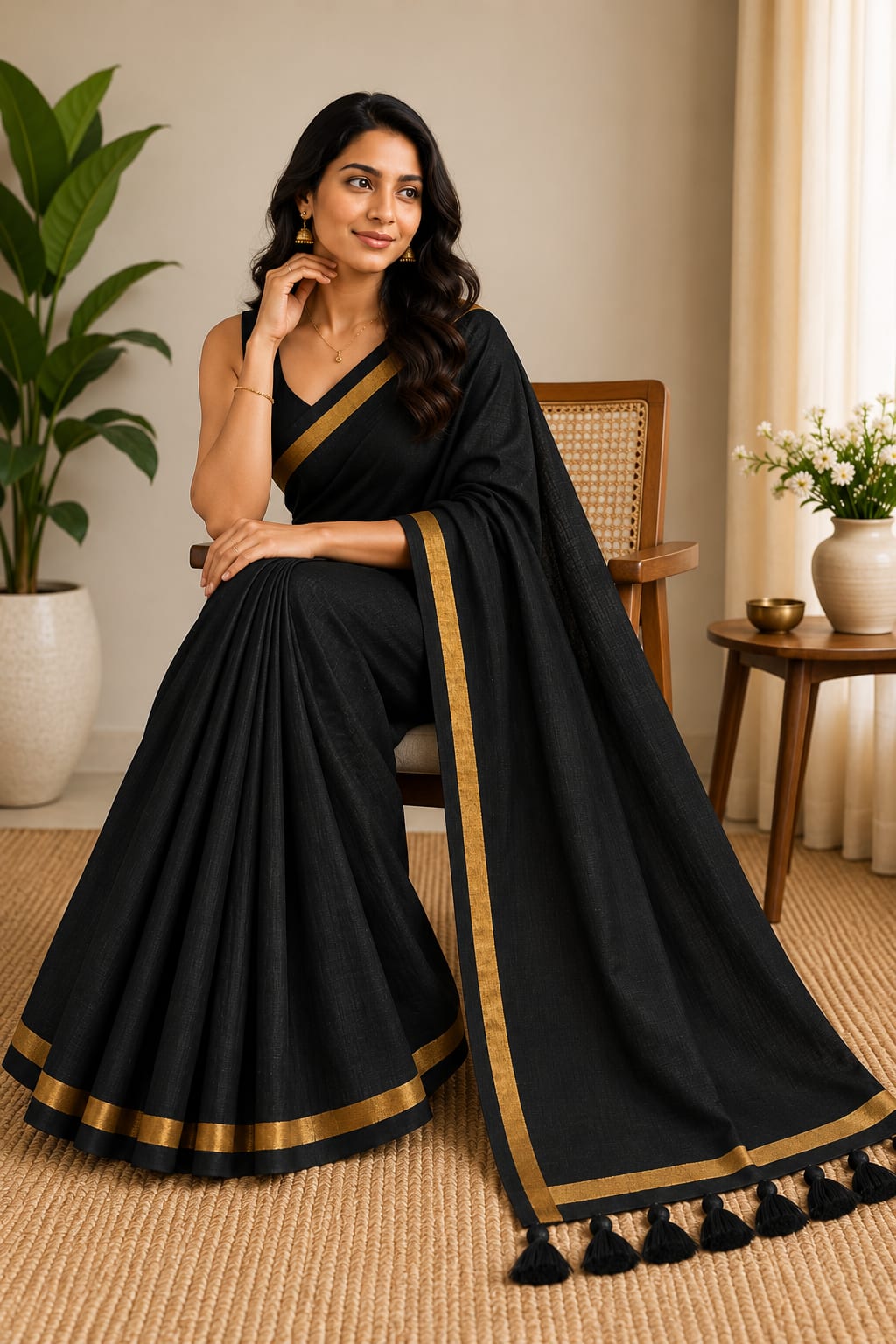 Elegant Black Pure Cotton Saree with Golden Border