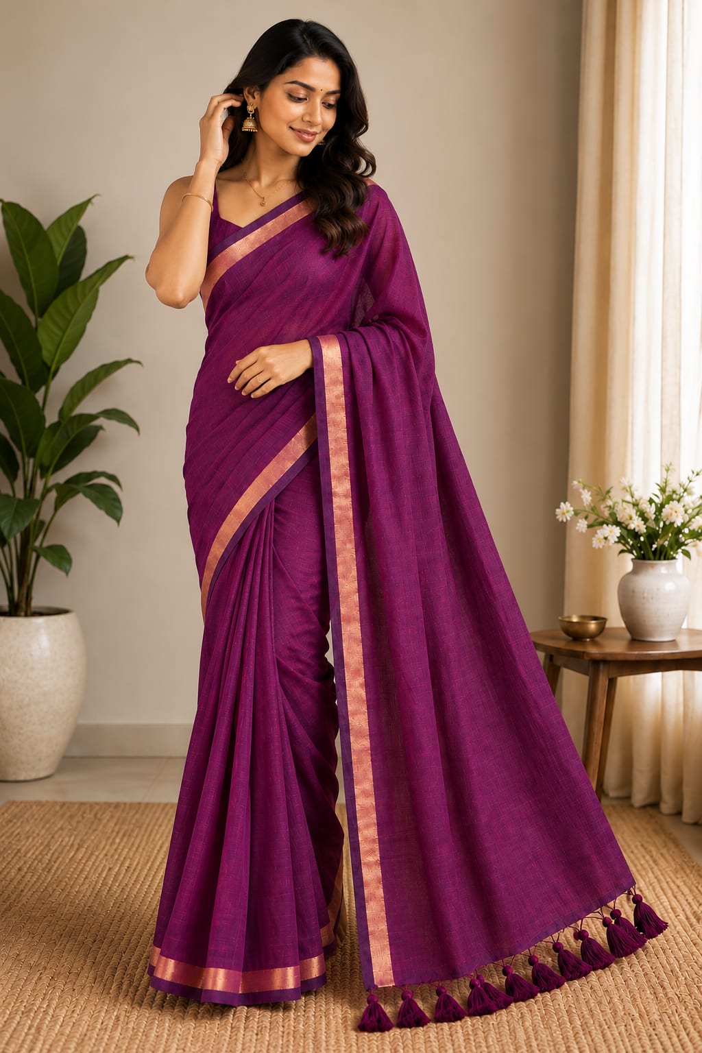 Elegant Magenta Pure Cotton Saree with Rose Gold Border