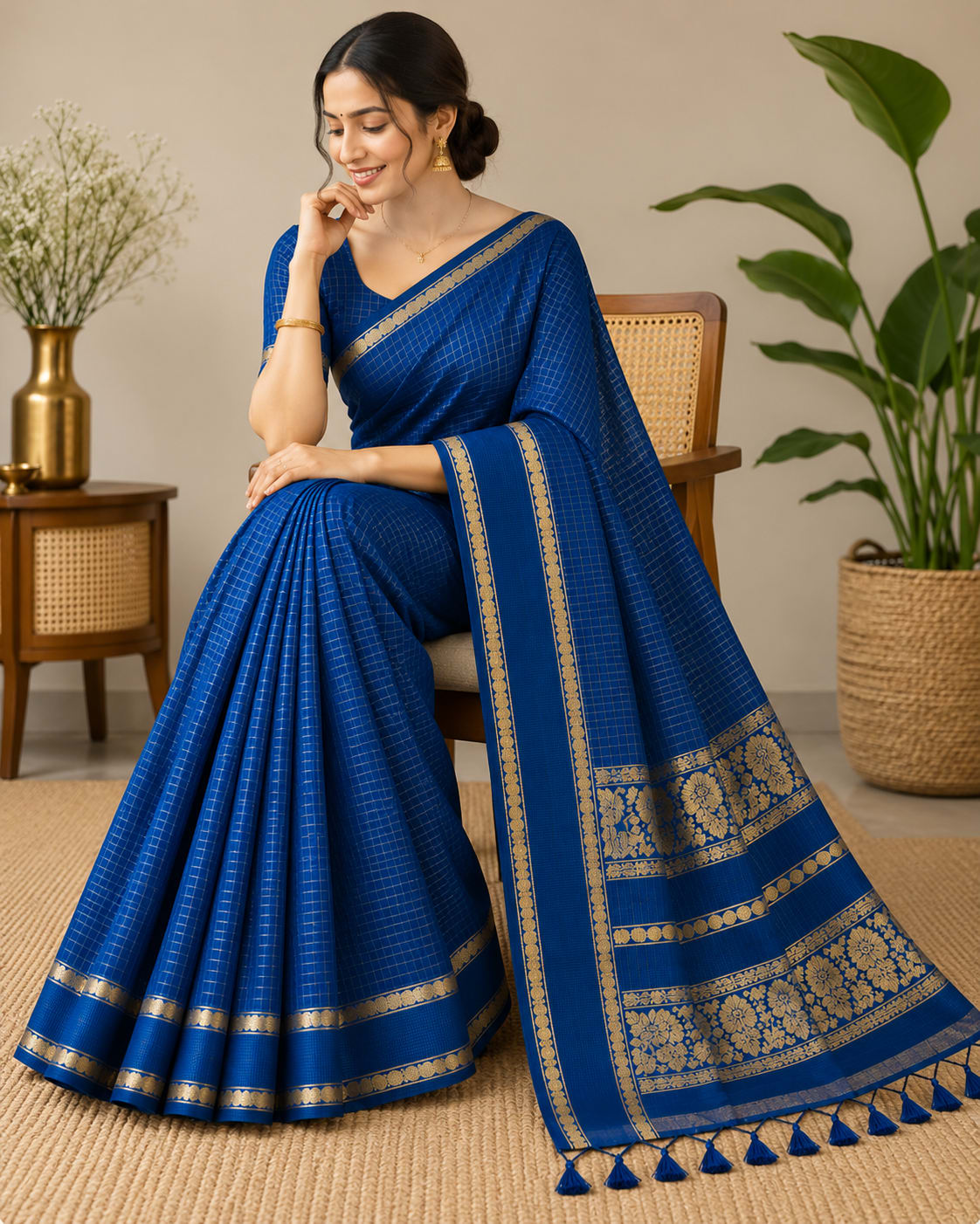 Royal Blue Pure Cotton Saree with Elegant Gold Floral Border
