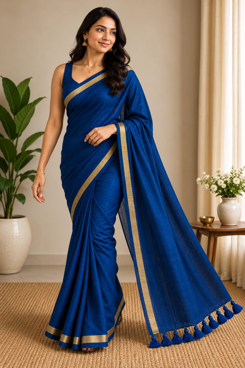 Royal Blue Pure Cotton Saree with Golden Border