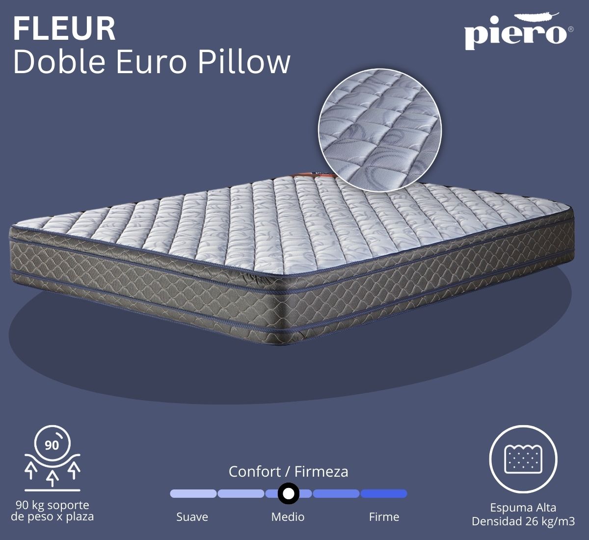 Colchón Piero Fleur Euro Pillow 26 cm con espuma de alta densidad