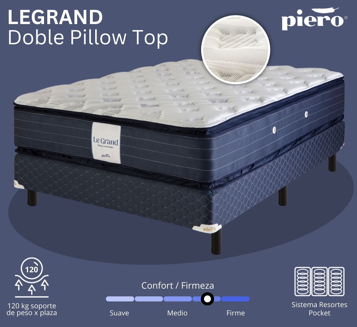 Conjunto de colchón y sommier Piero Legrand Doble Pillow Top con resortes Pocket