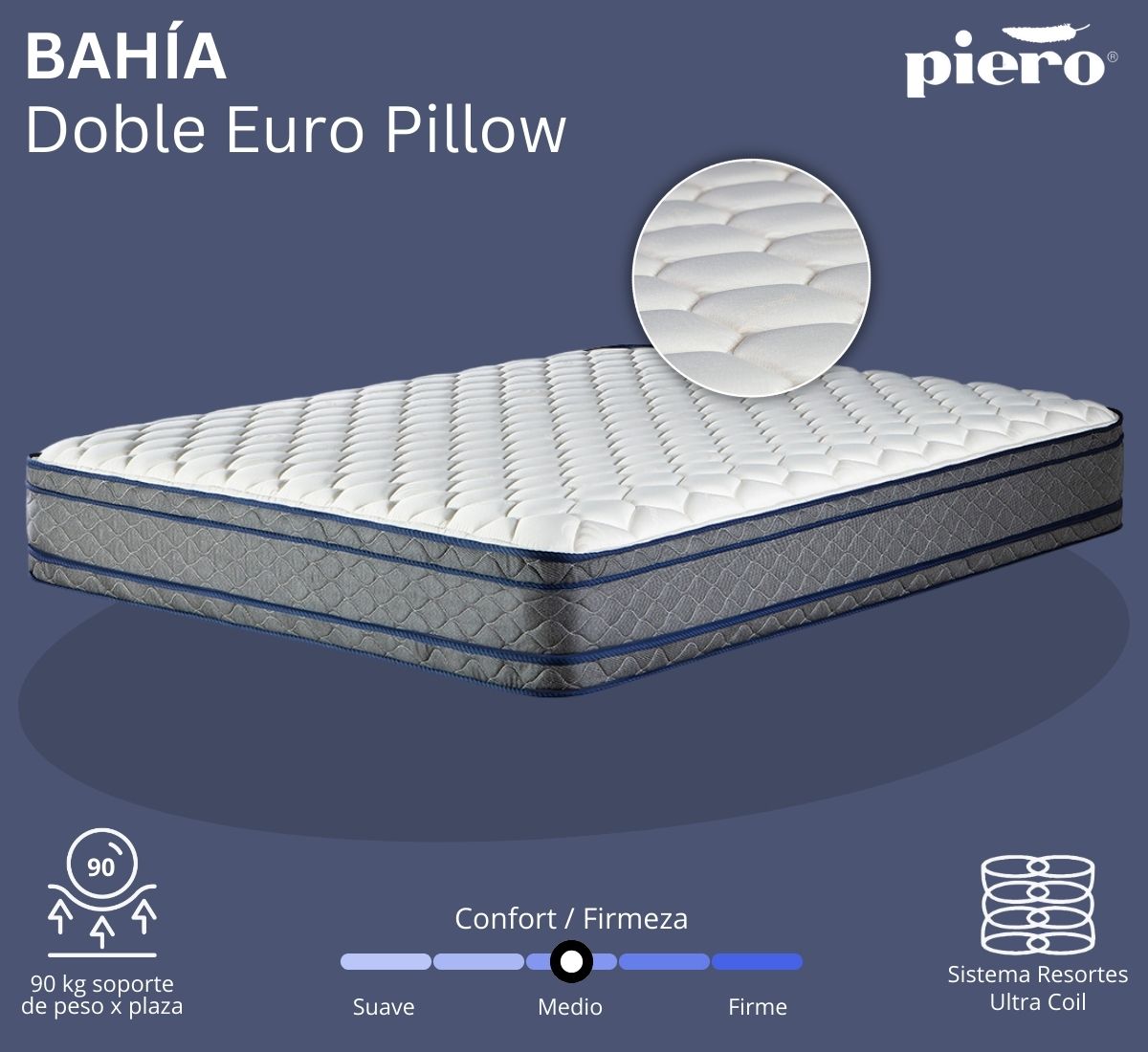 Colchón Piero Bahía Doble Europillow 27 cm con resortes Ultra Coil y doble euro pillow