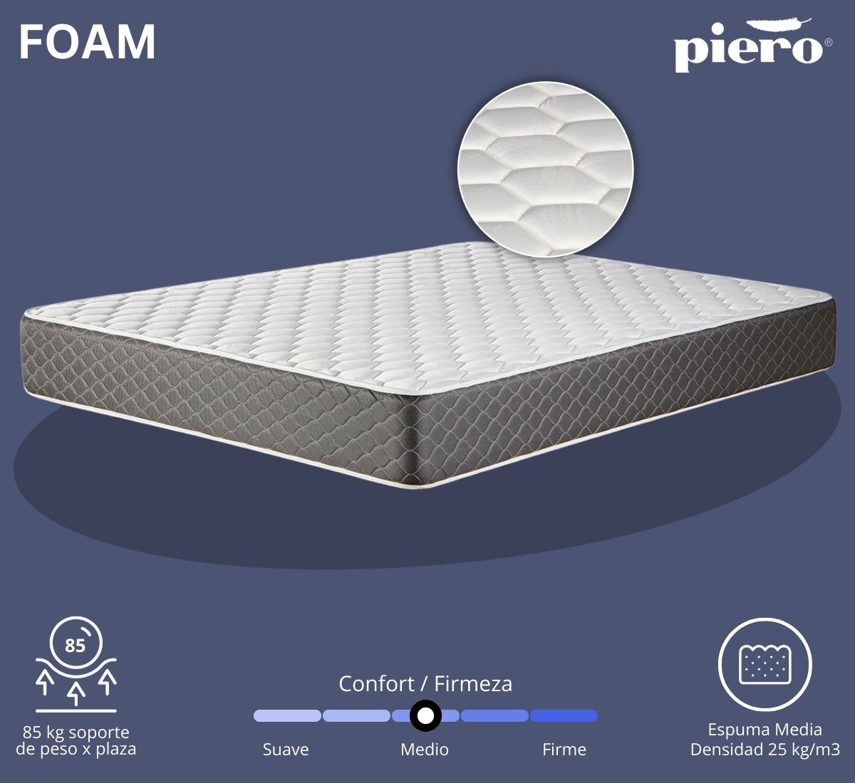 Colchón Piero Foam 23 cm con espuma media de 25 kg/m3