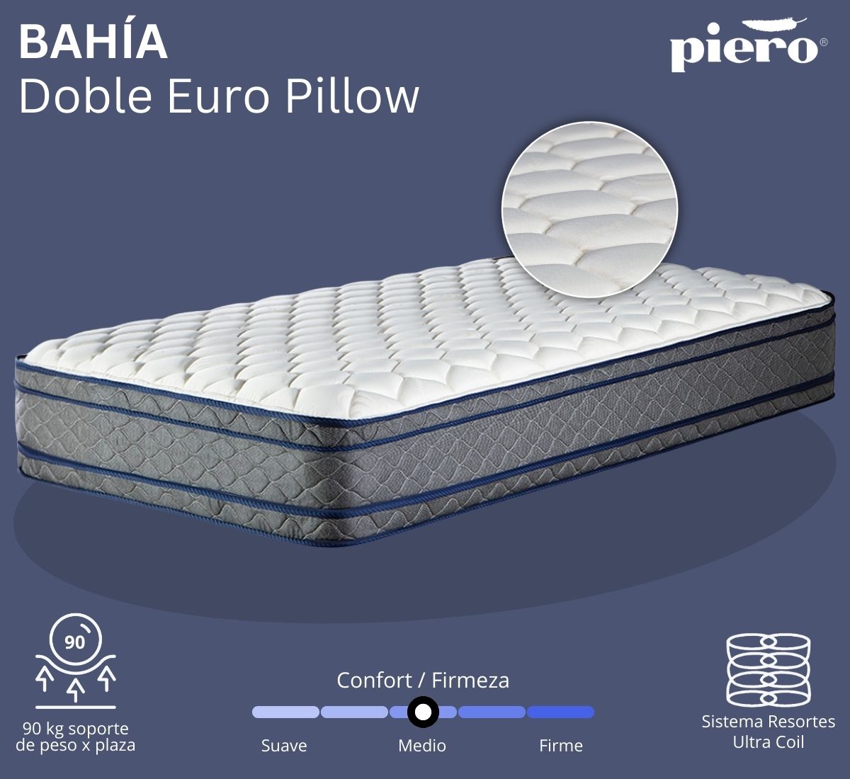 Colch&oacute;n Piero Bah&iacute;a Doble Europillow 27 cm con resortes Ultra Coil y doble euro pillow