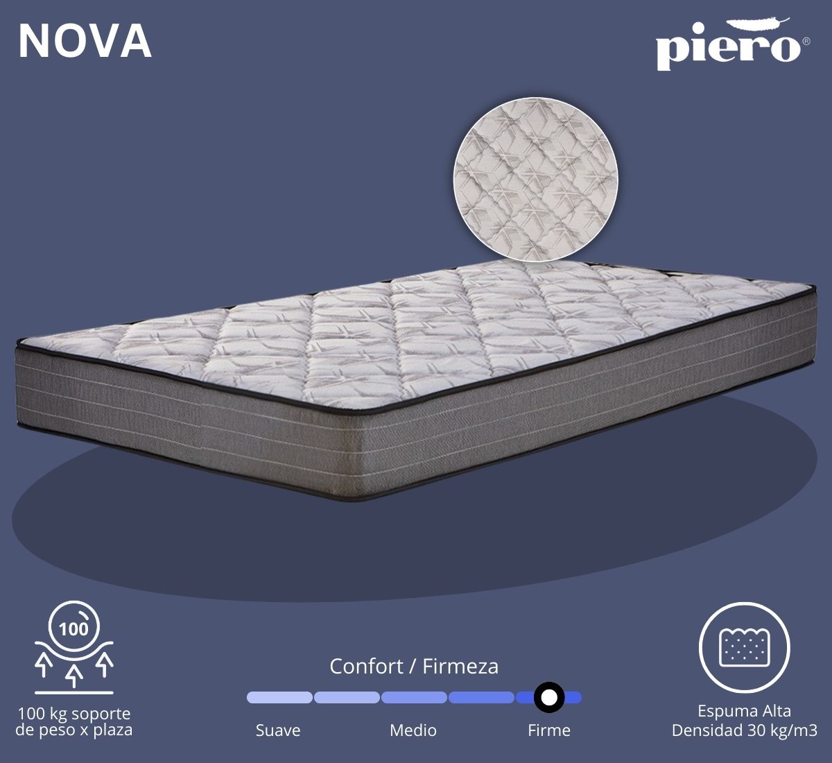 Colchón Piero Nova 25 cm de altura con espuma alta densidad 30 kg/m3
