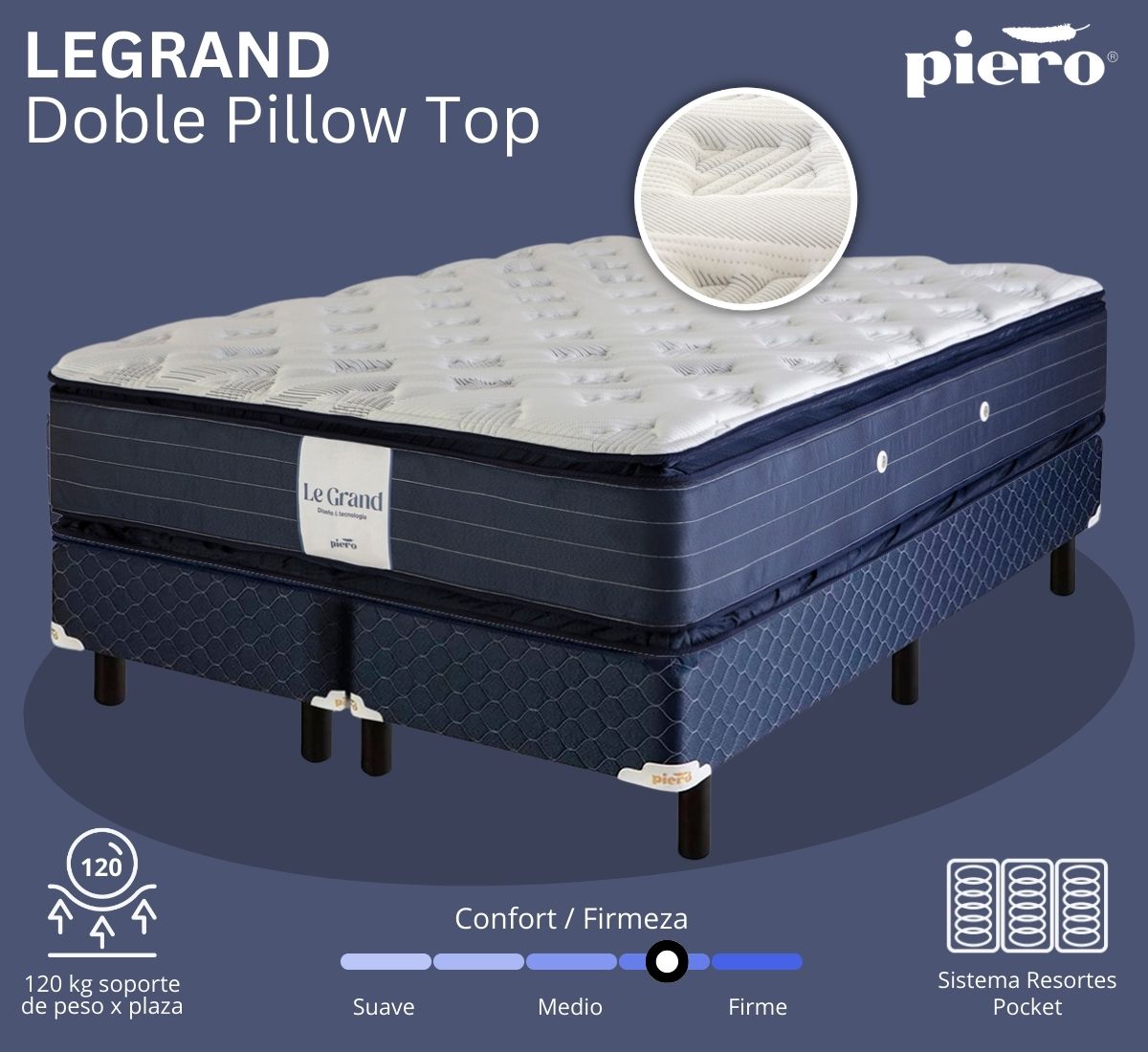 Conjunto de colchón y sommier Piero Legrand Doble Pillow Top con resortes Pocket